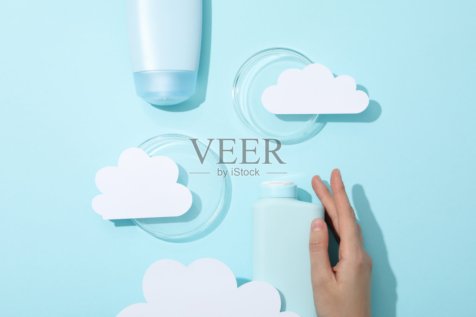 婴儿或儿童化妆品概念，俯视图照片摄影图片