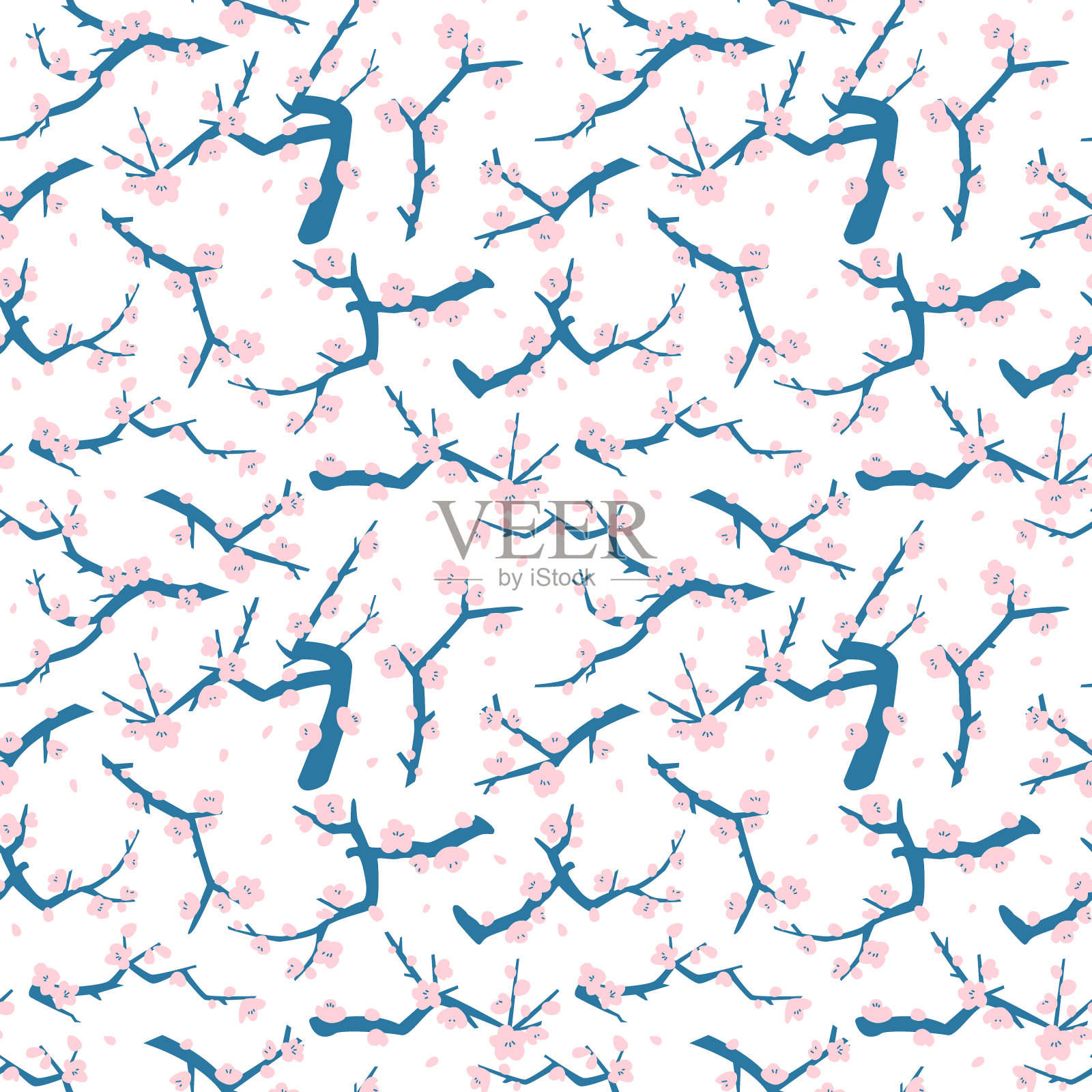 无缝图案与盛开的粉红色梅树枝。插画图片素材