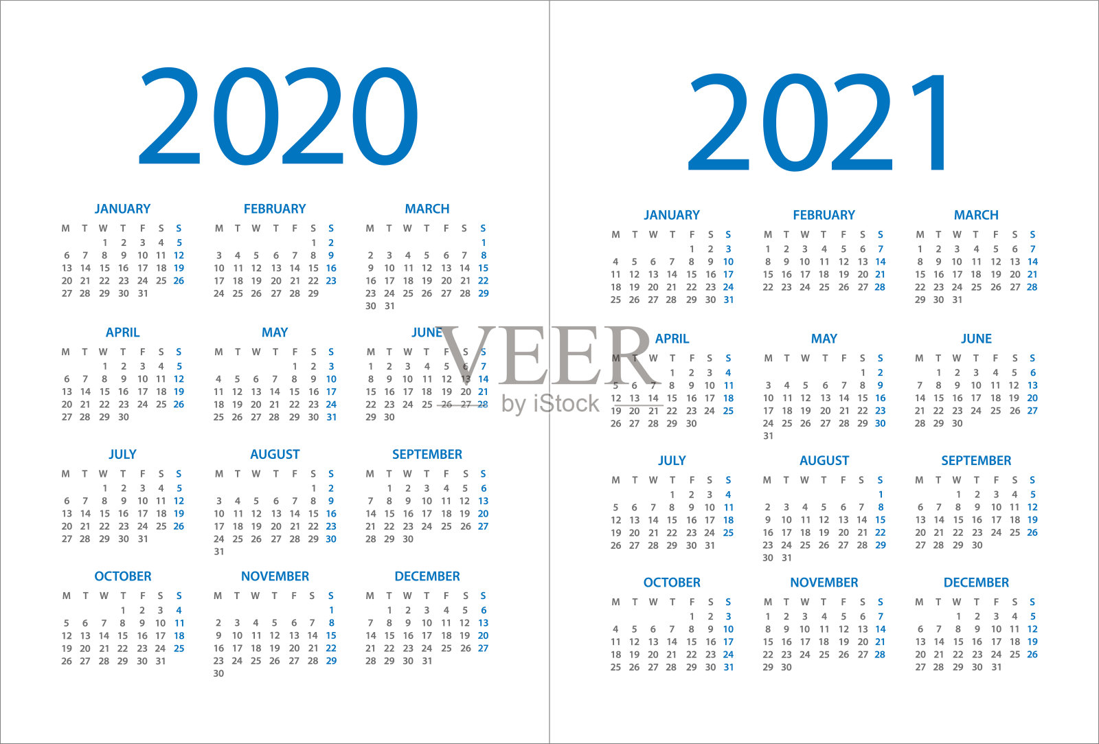 日历2020 2021 -插图。工作日从星期一开始插画图片素材