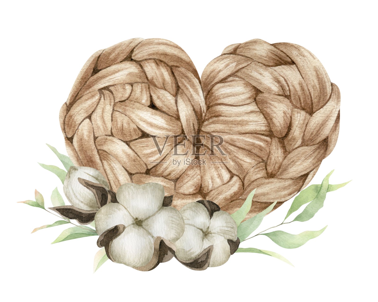 棕色钩针编织的心和棉花花。针织的心。羊绒。水彩插图。孤立。用于标识，产品包装设计，针织博客，针织品店插画图片素材