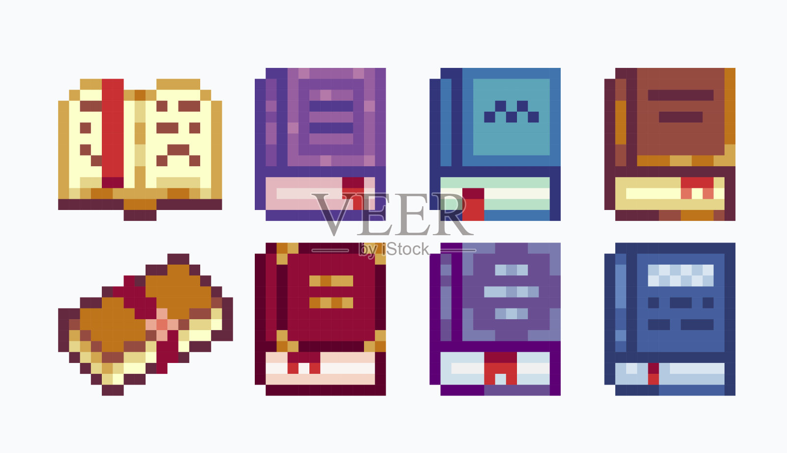 不同的书像素艺术设置。幻想书，对开本系列。开放的、封闭的教科书。8点雪碧。插画图片素材