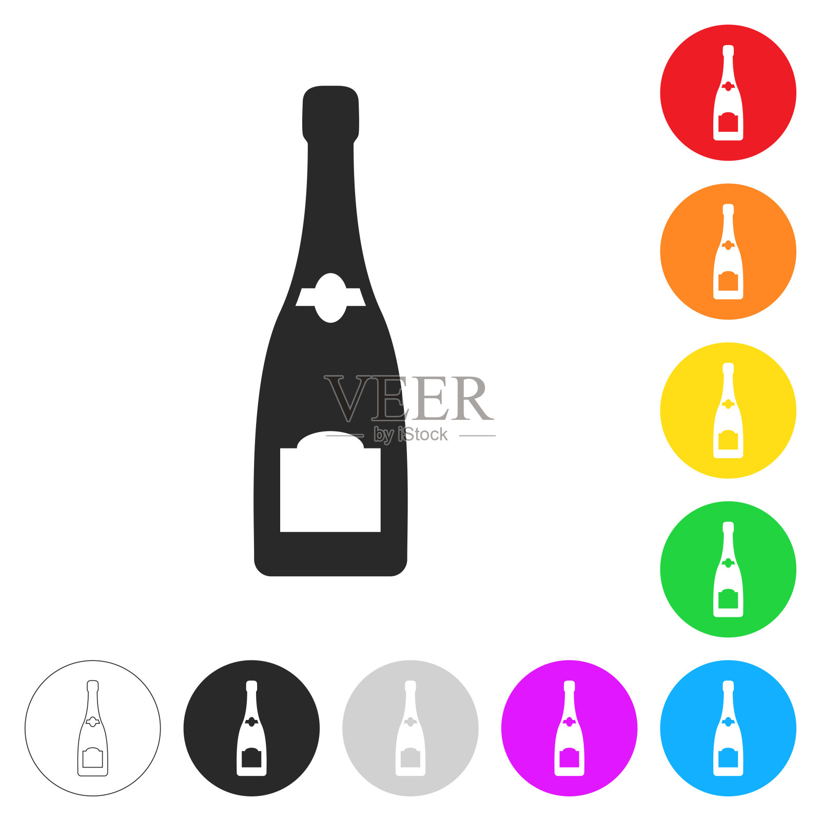 香槟酒瓶。按钮上不同颜色的平面图标图标素材