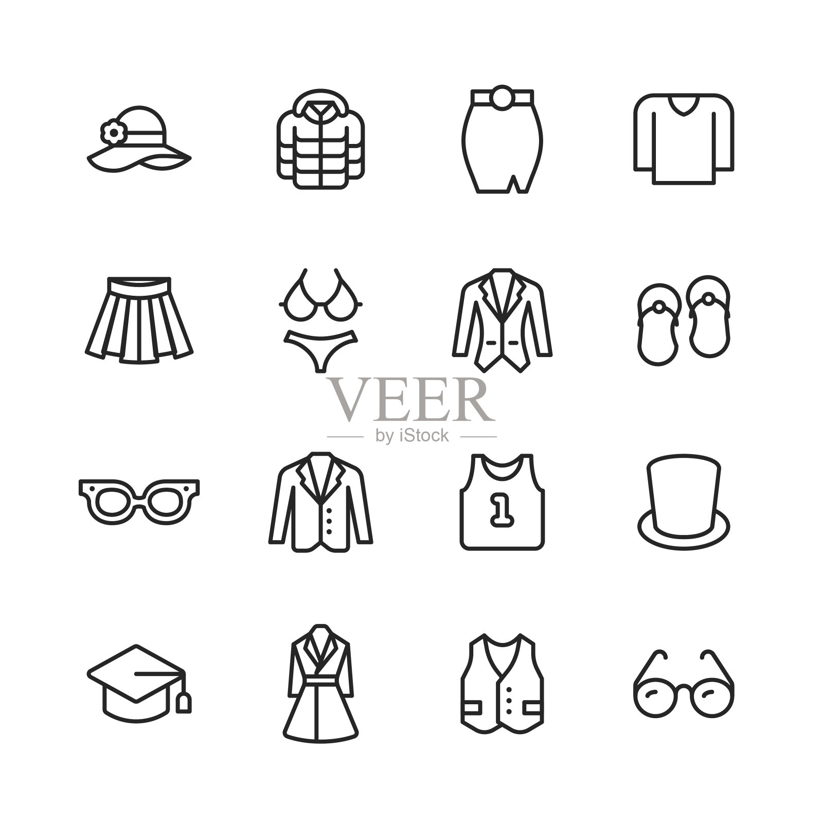 服装和时尚系列图标。可编辑的中风。像素完美。移动和网络。包含衣服，时尚，夹克，帽子，裙子，毛衣，连衣裙，眼镜，背心等图标。图标素材