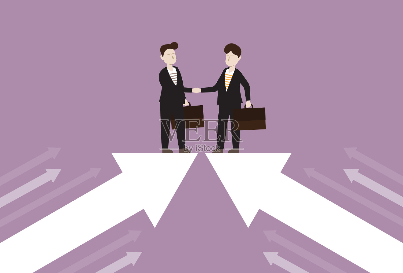 业务伙伴握手并站在箭头上插画图片素材