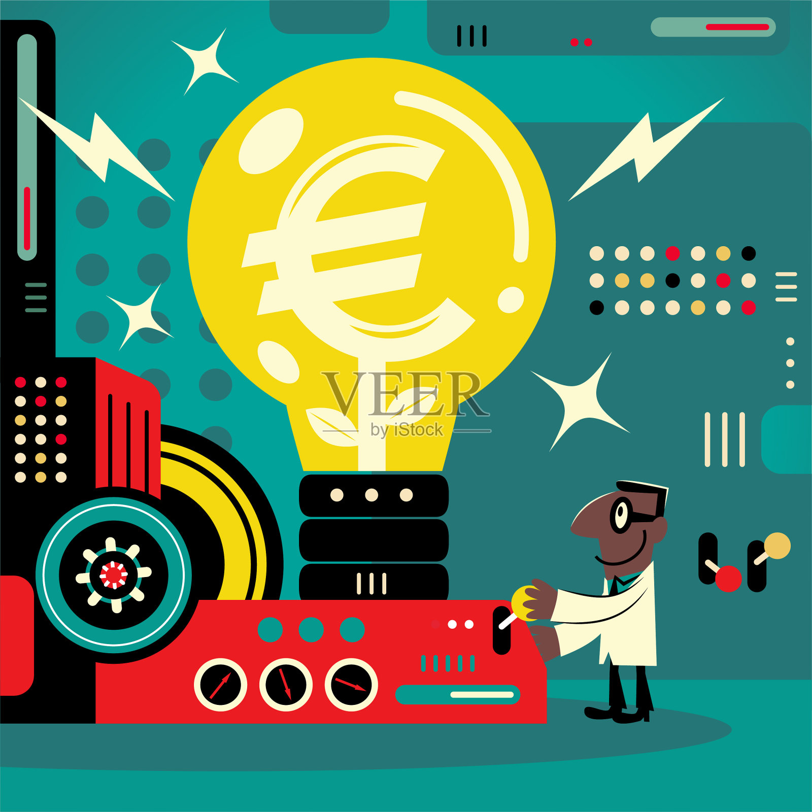 非裔美籍工程师(电脑程序员、数据科学家、财务顾问)在一家工厂工作，工厂展示了一个有欧元标志(欧盟货币)的大创意灯泡。插画图片素材