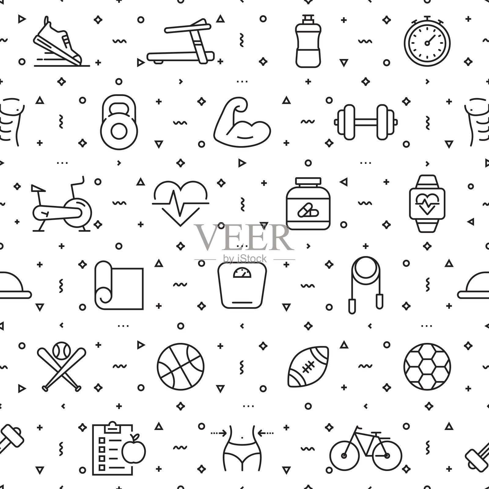 矢量的设计模板和元素为健身和锻炼在时尚的线性风格-无缝模式与线性图标相关的健身-矢量图标素材