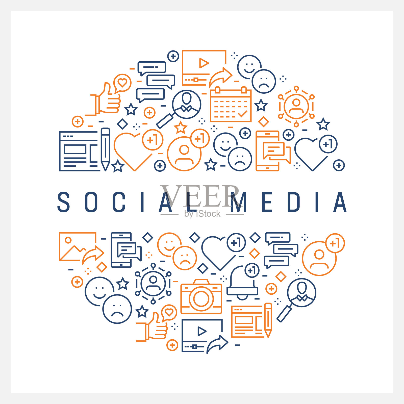 社交媒体概念-彩色线图标，安排在圆形插画图片素材