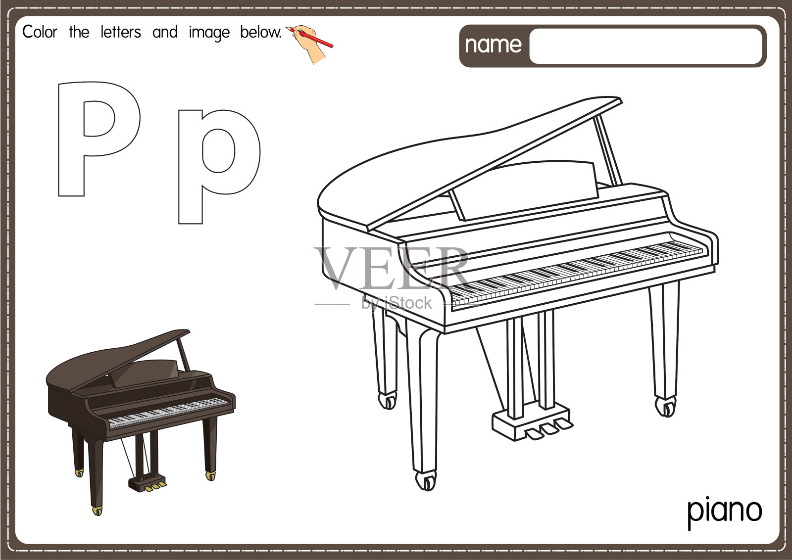矢量插图的儿童字母着色书页与概述剪贴画，以颜色。字母P代表钢琴。插画图片素材