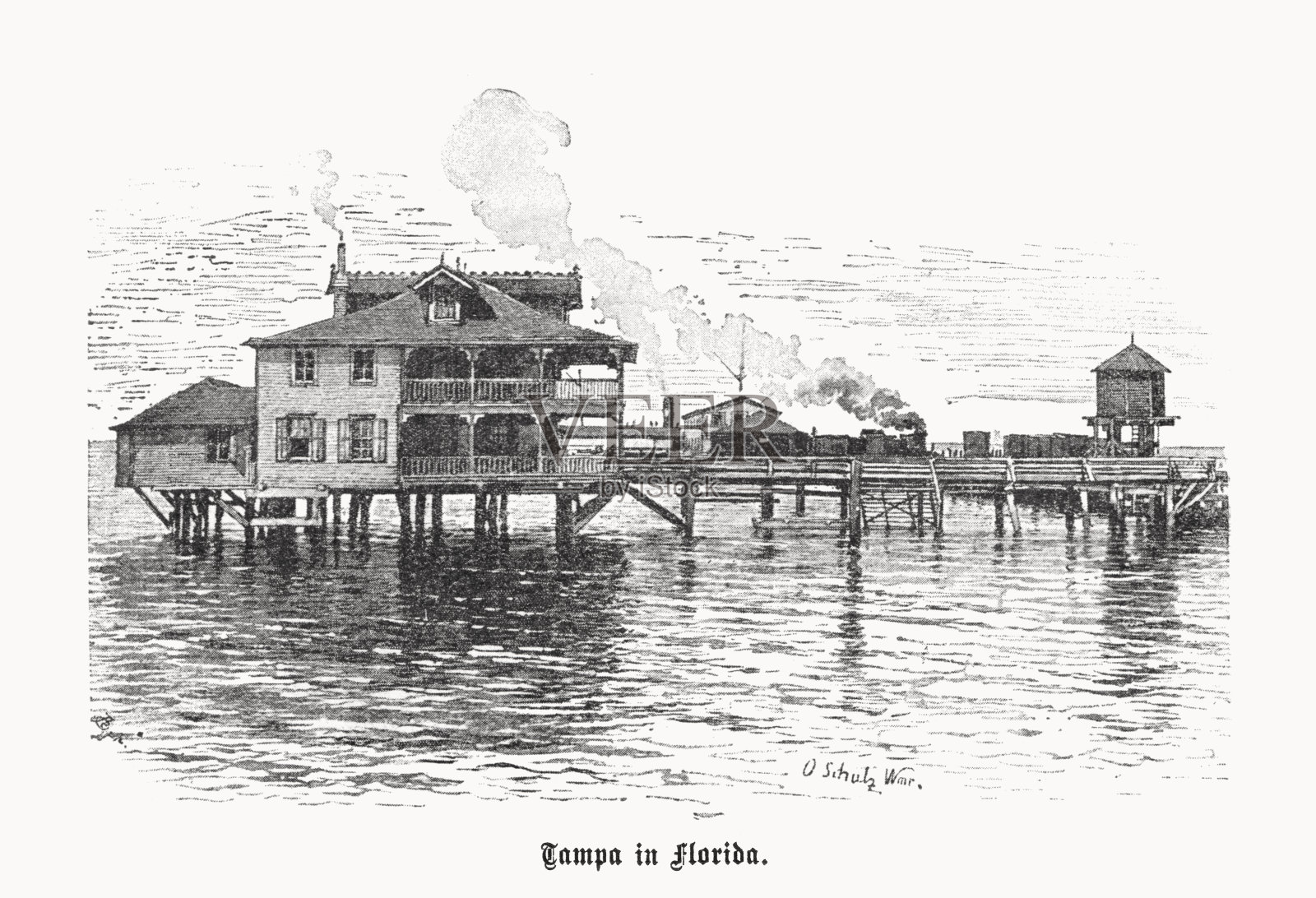 美国佛罗里达州坦帕附近的桩桥，半色调印刷，1899年出版插画图片素材