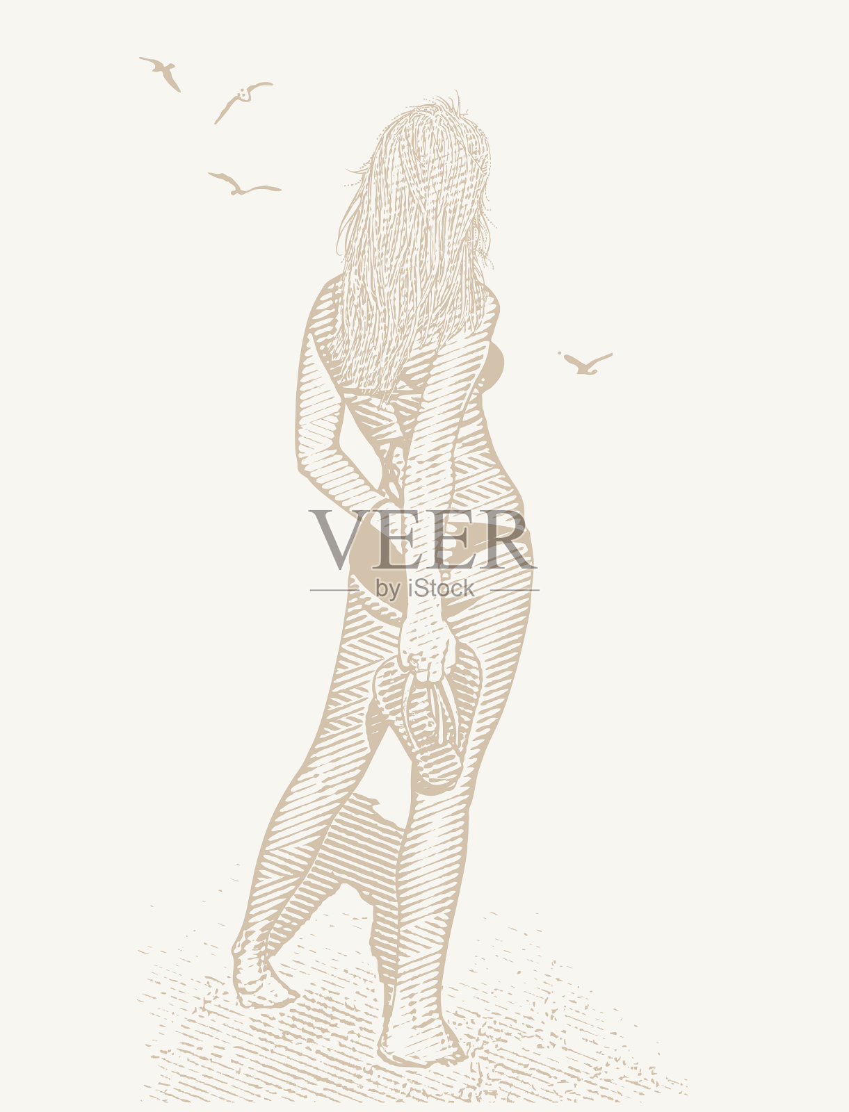 美丽的女人走在海滩上插画图片素材