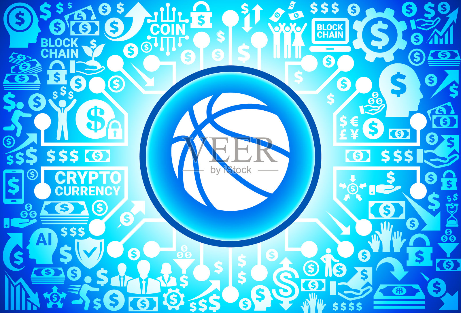 篮球图标上的货币和加密货币背景插画图片素材