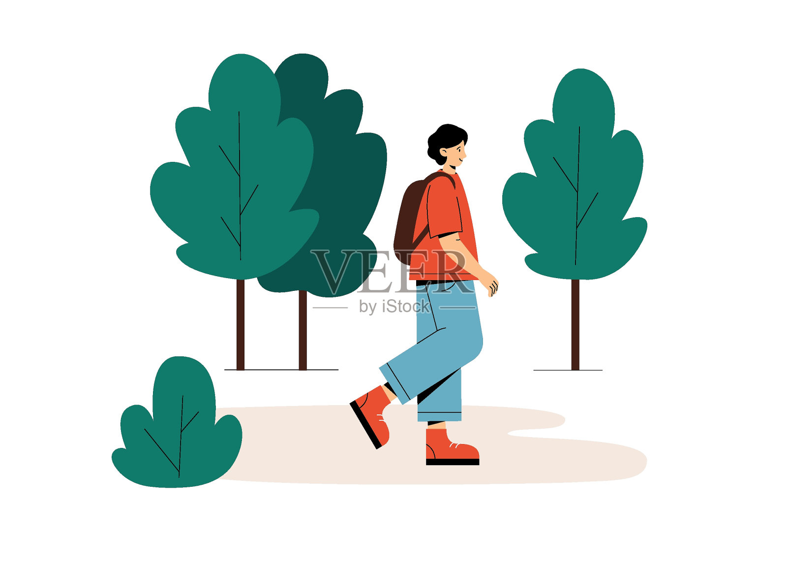 一个年轻人在夏天的森林里散步插画图片素材