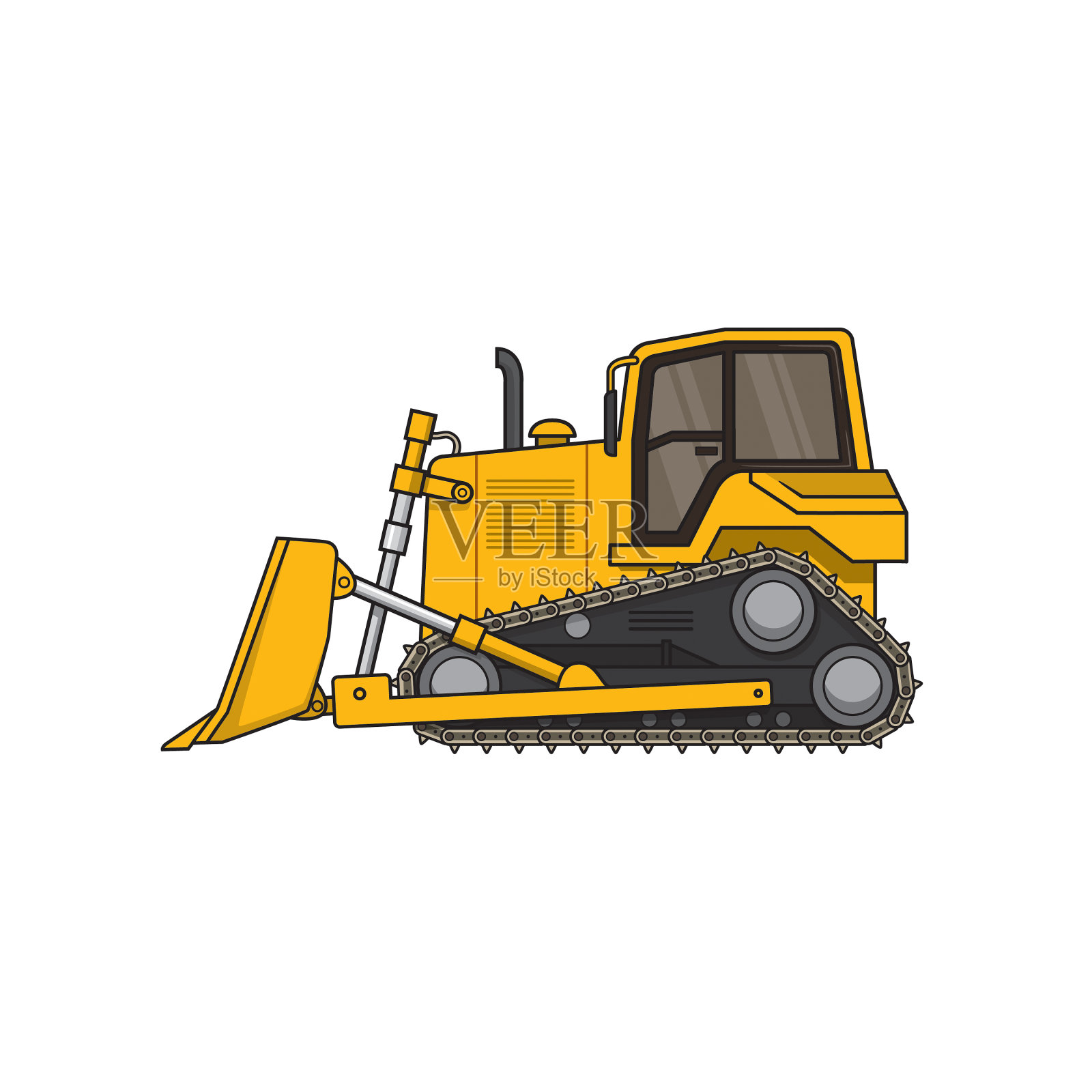 黄色推土机撬式转向前装载机施工现场运输机械。用于涂色页，儿童读物。插画图片素材