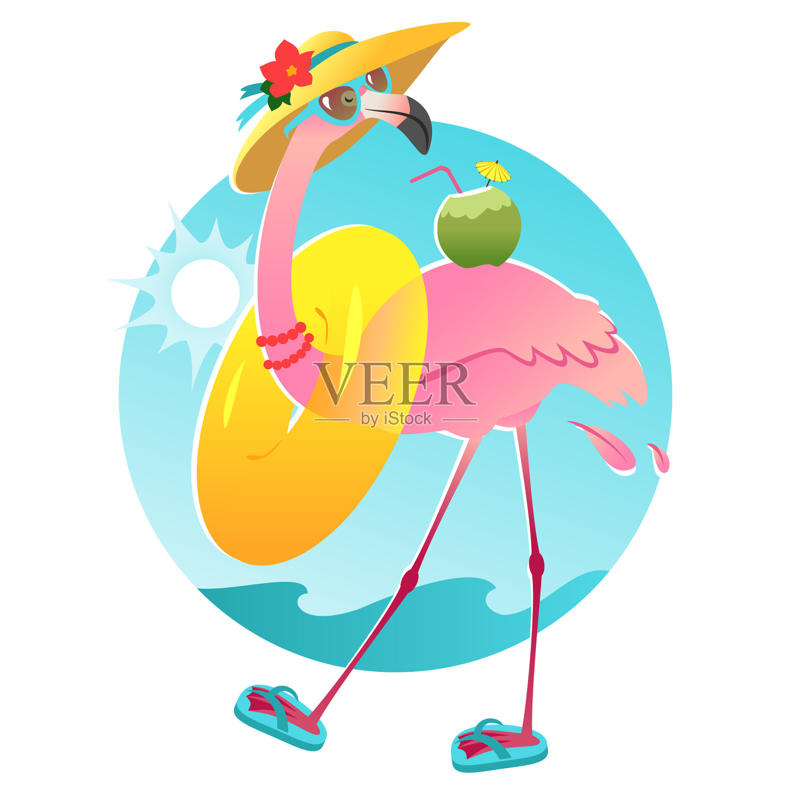 有趣的火烈鸟角色在太阳镜和太阳帽插画图片素材