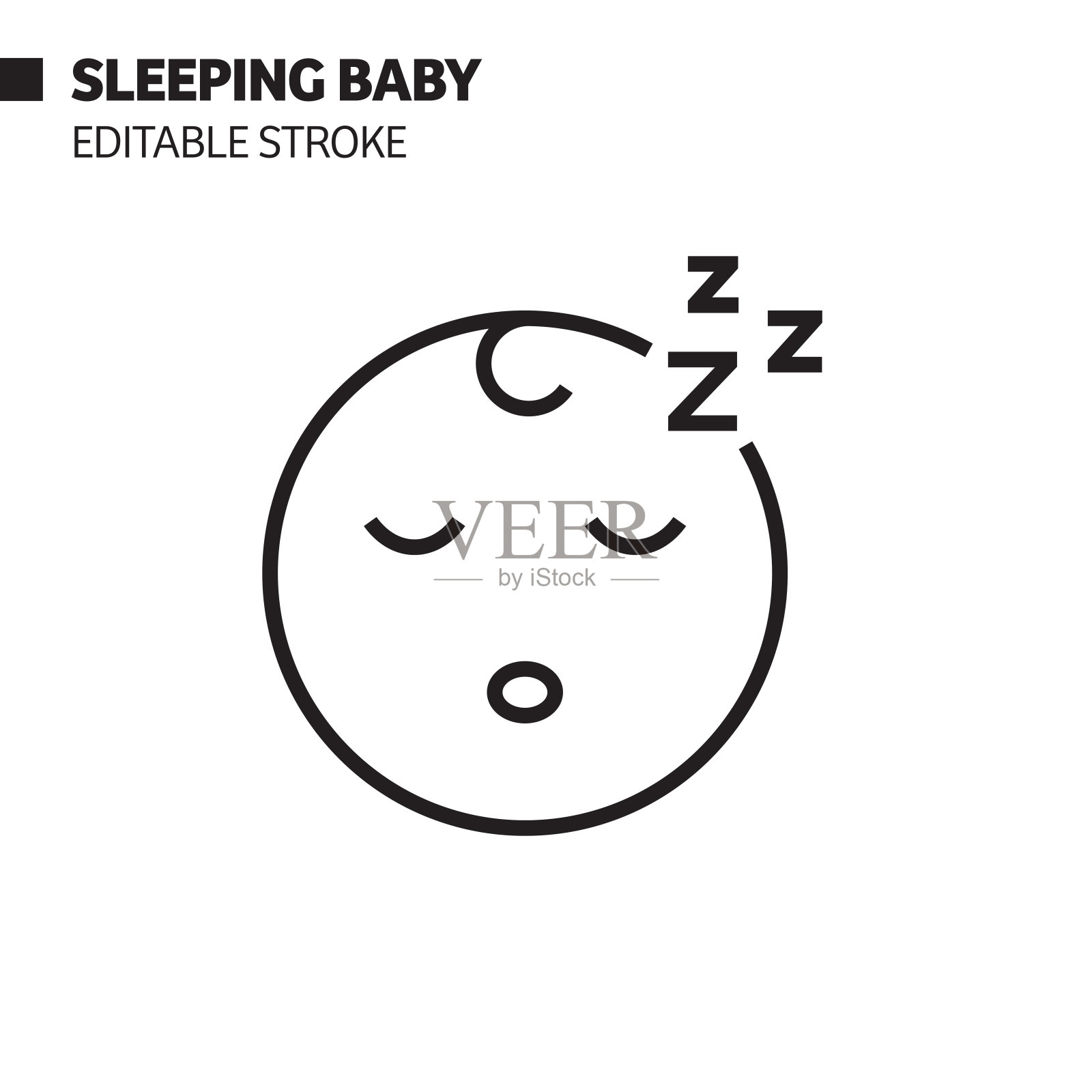 睡着的婴儿线图标，轮廓向量符号插图。完美像素，可编辑的描边。插画图片素材