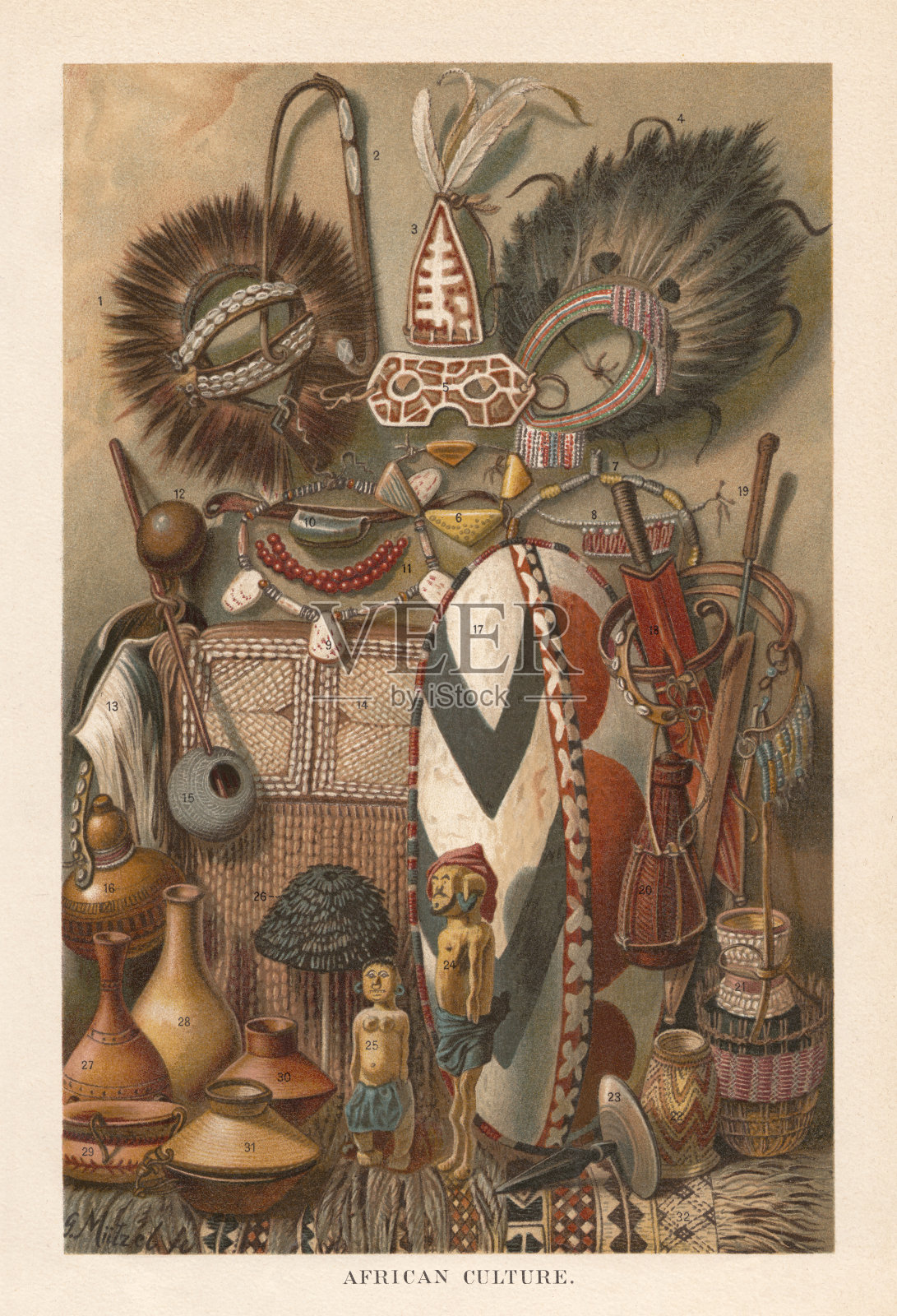 东非文化装置和产品，平版印刷，出版于1897年插画图片素材