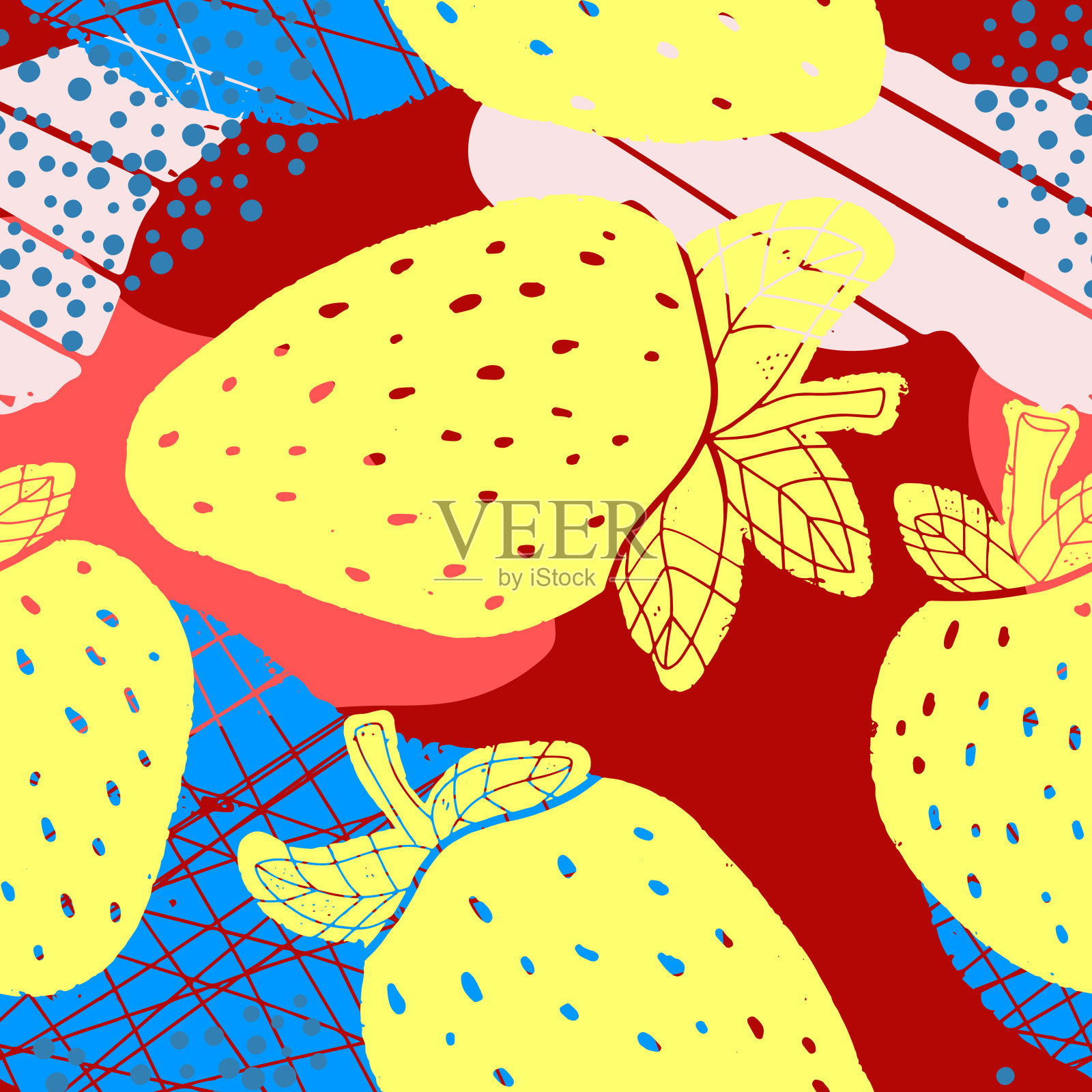 草莓和抽象的斑点，纹理图案。矢量彩色无缝图案。用于印刷，设计，织物，墙纸，纸张。插画图片素材