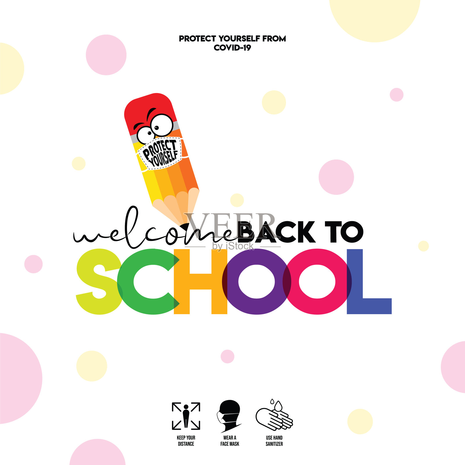 矢量回到学校横幅，海报背景。白色背景上的彩色铅笔和面罩。股票插图。关于冠状病毒或covid-19病媒插图的警告标志插画图片素材