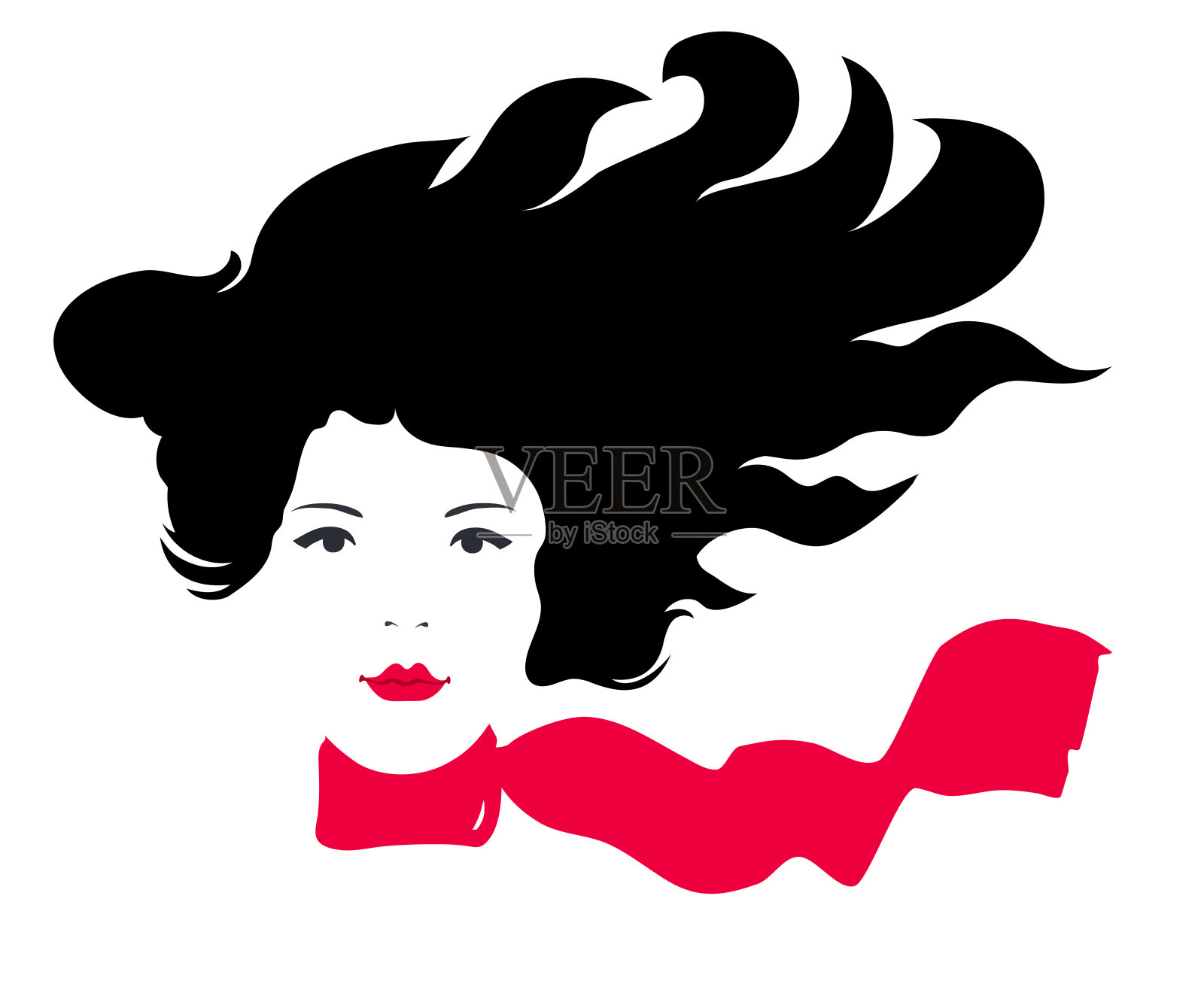 时尚矢量春天插图现代艺术作品我原来的水平工作矢量美丽年轻自由现代快乐放松的女孩长黑色的头发在风中飞舞，红色的围巾在她的脖子上插画图片素材