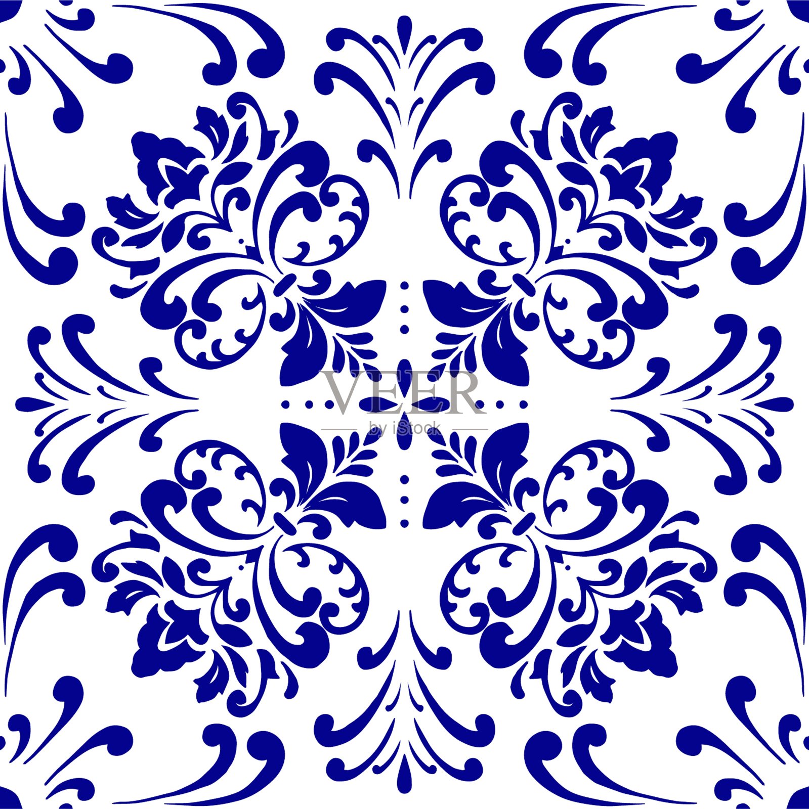 矢量瓷砖图案，里斯本阿拉伯花卉马赛克，地中海海军蓝装饰。插画图片素材