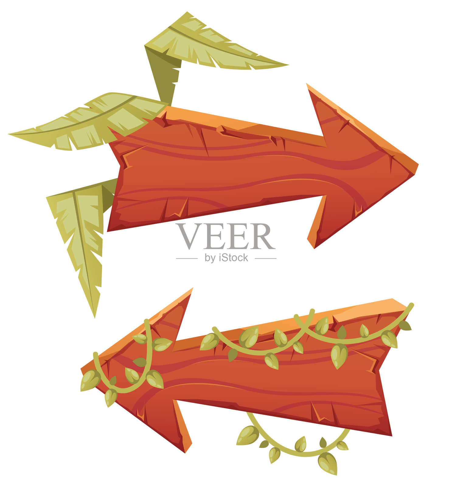 丛林热带木板箭头指针孤立集。矢量平面卡通图形设计插图设计元素图片