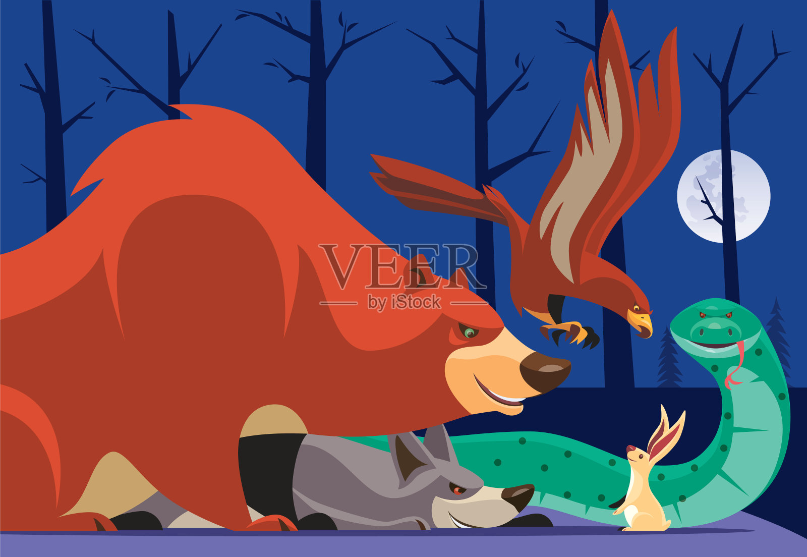 老鹰和朋友们遇见了兔子插画图片素材