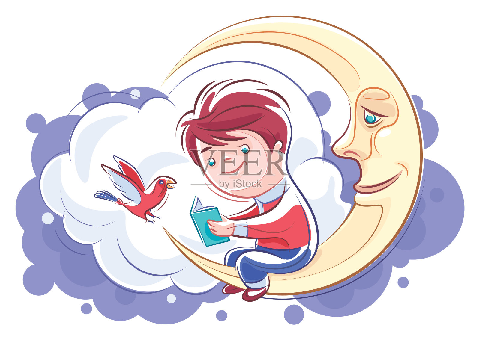 孩子坐在新月上看书插画图片素材