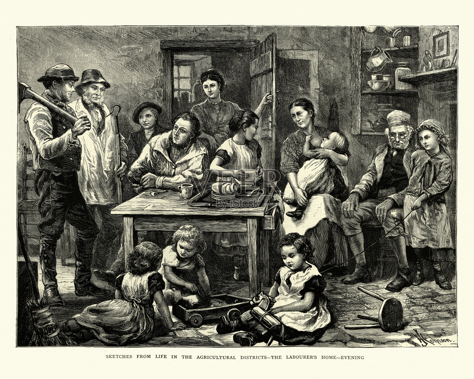 19世纪70年代的晚上，维多利亚时代的农业工人在家里插画图片素材