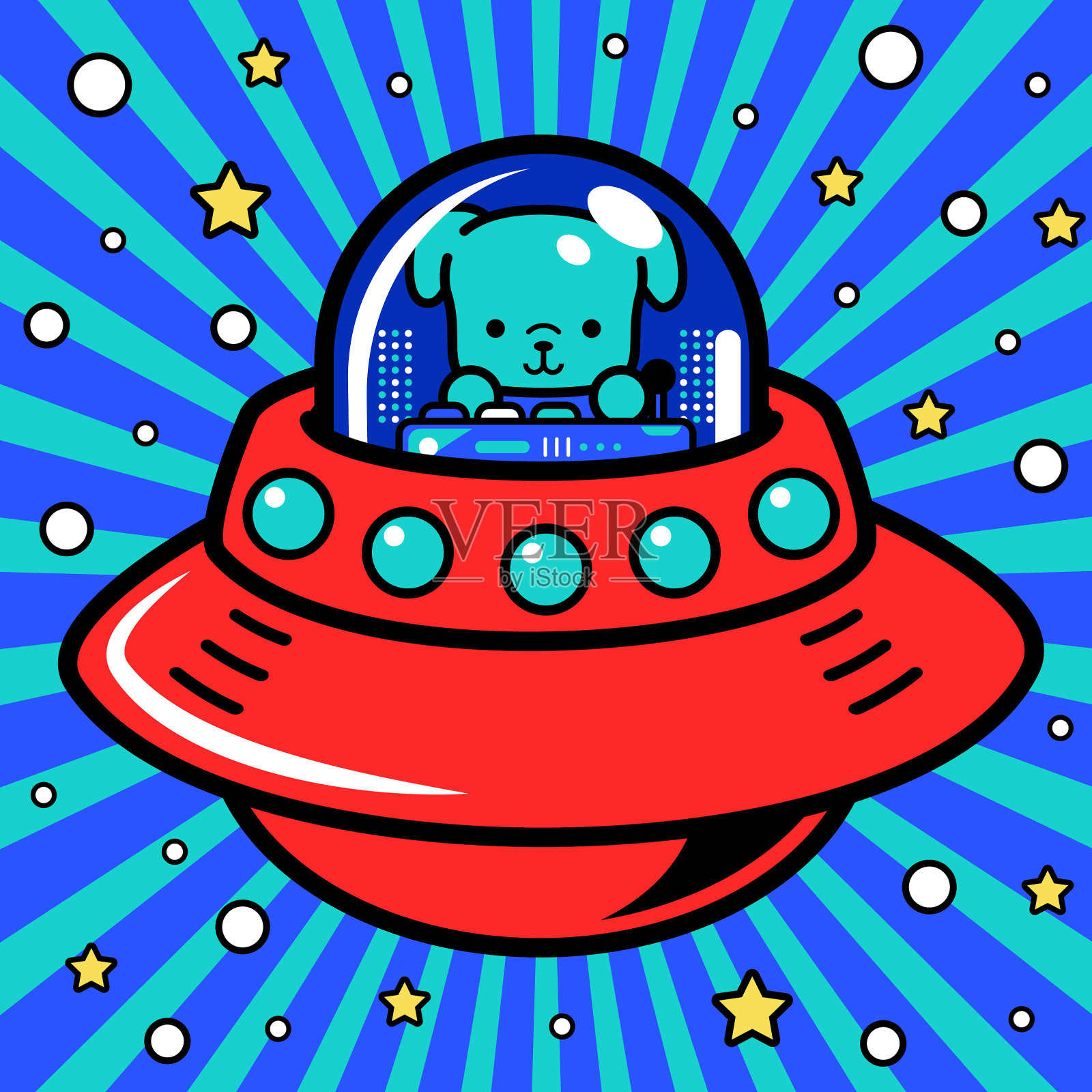 可爱的狗狗宇航员驾驶着无限动力飞船或不明飞行物进入元宇宙插画图片素材