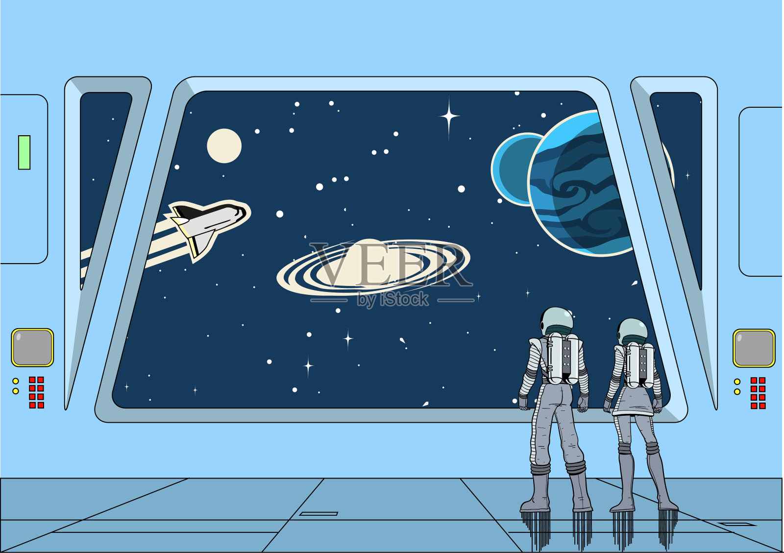 矢量复古太空宇航员夫妇在宇宙飞船里观察外太空插画图片素材