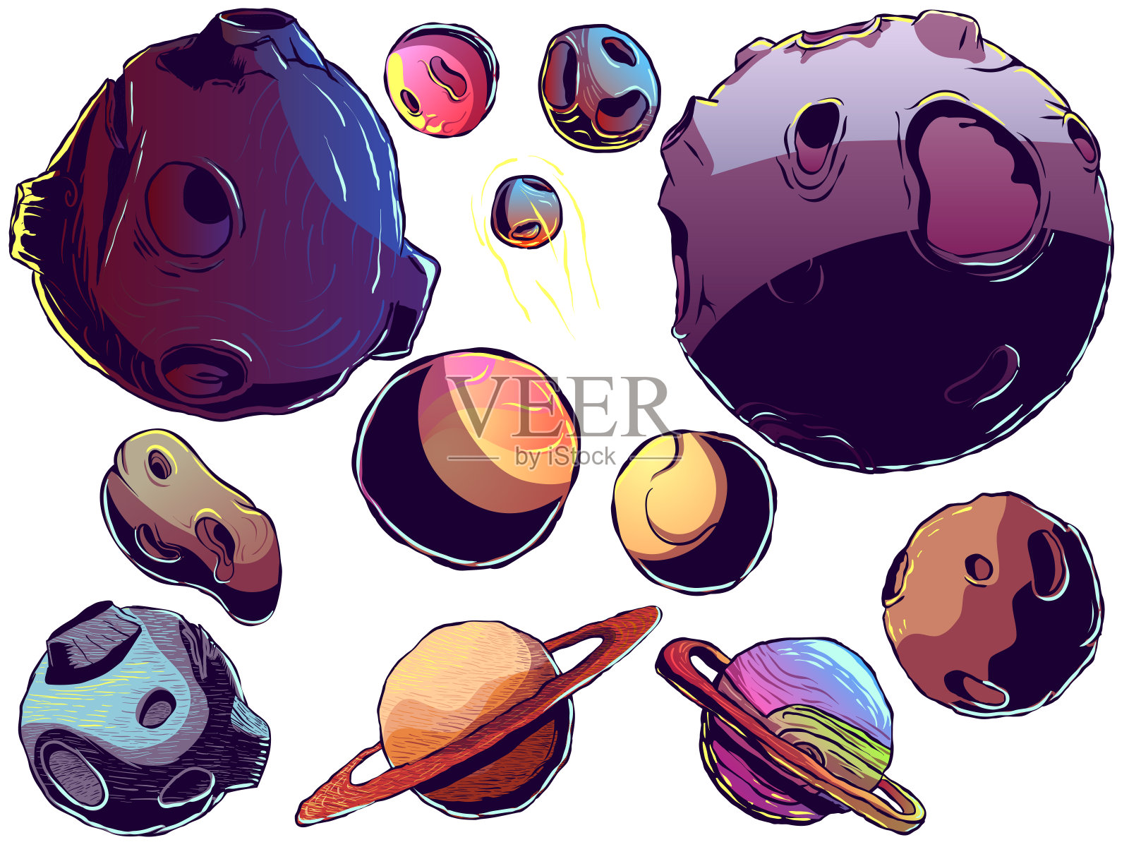 手绘空间图标设置-行星，彗星和小行星。插画图片素材