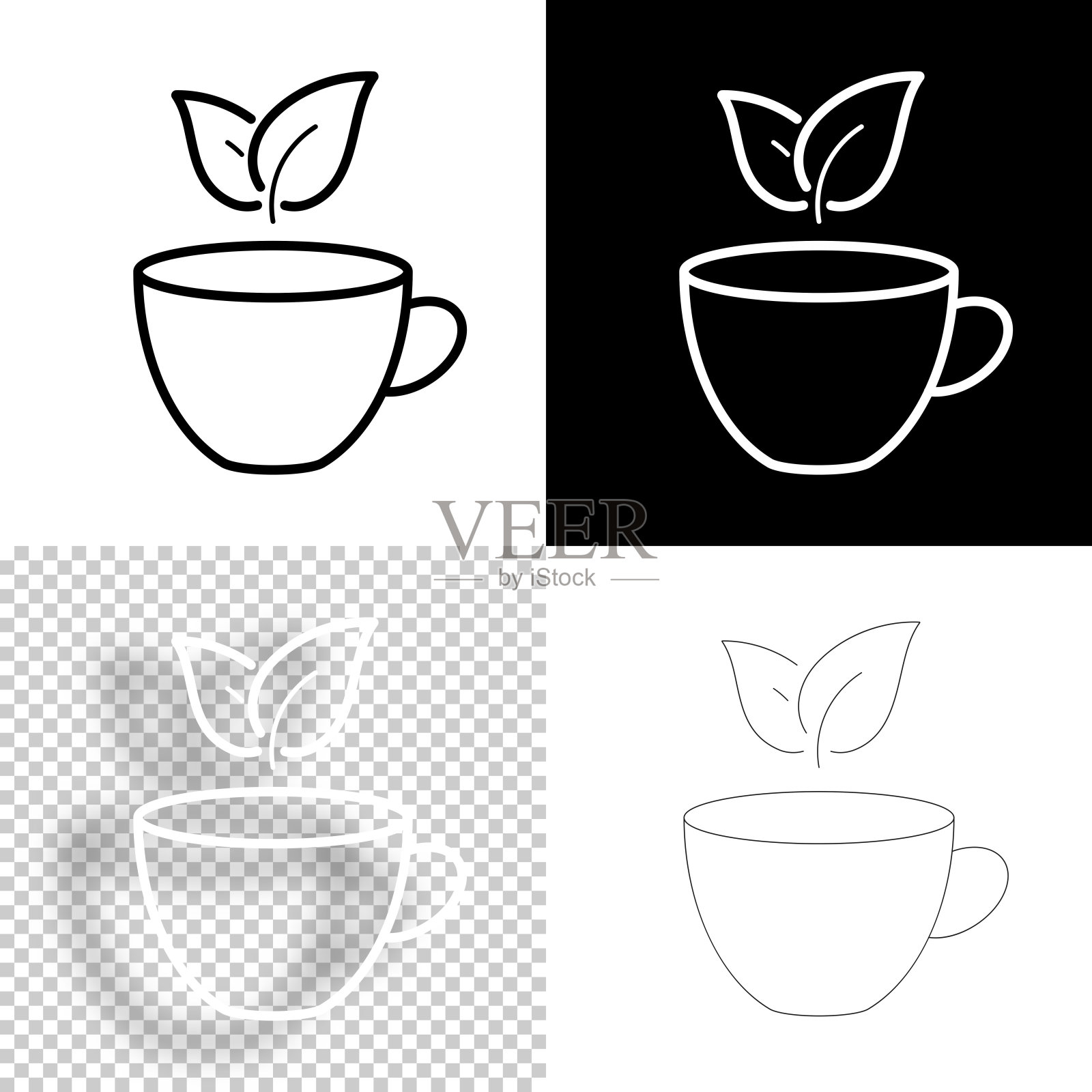 茶杯和茶叶。图标设计。空白，白色和黑色背景-线图标插画图片素材