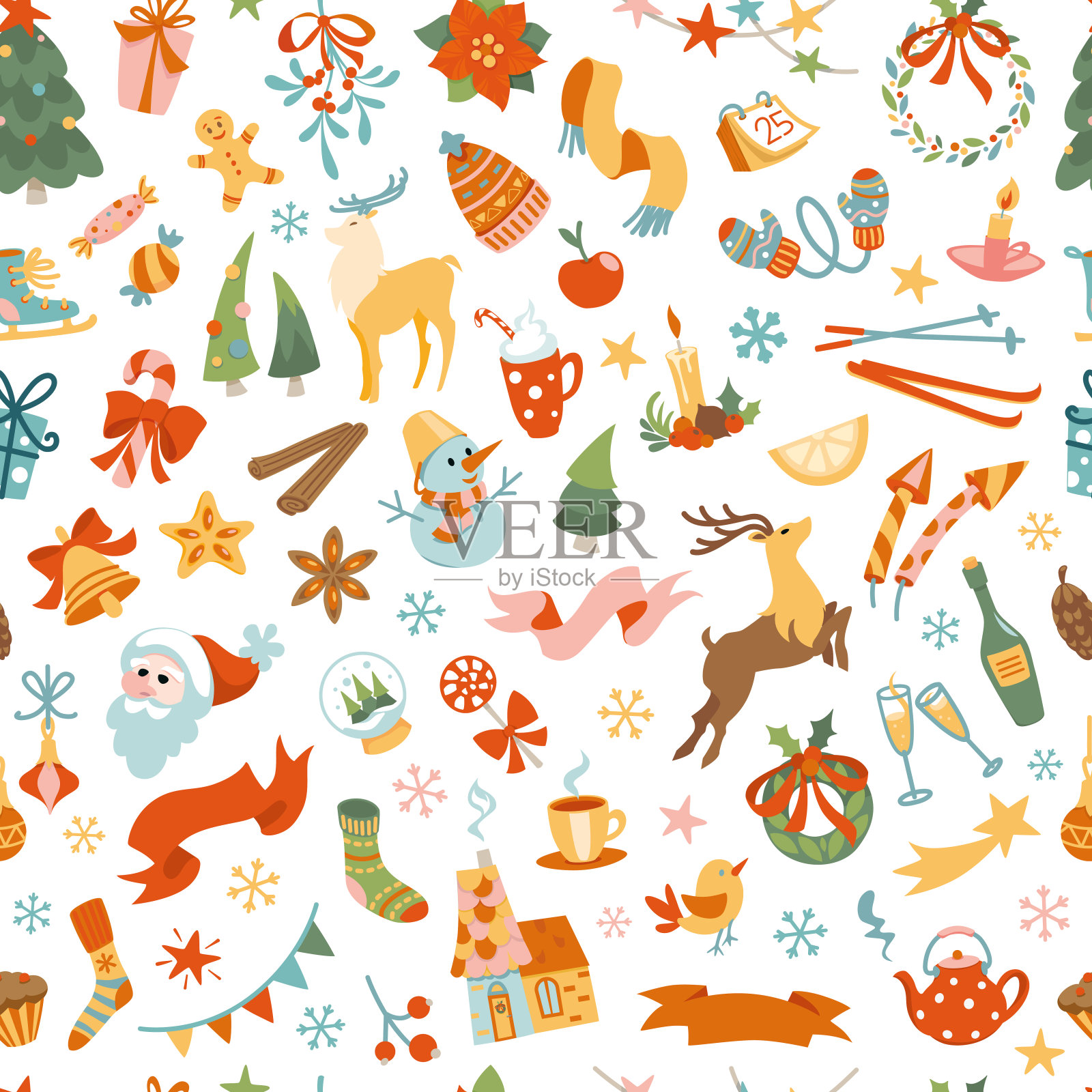 彩色圣诞无缝图案插画图片素材