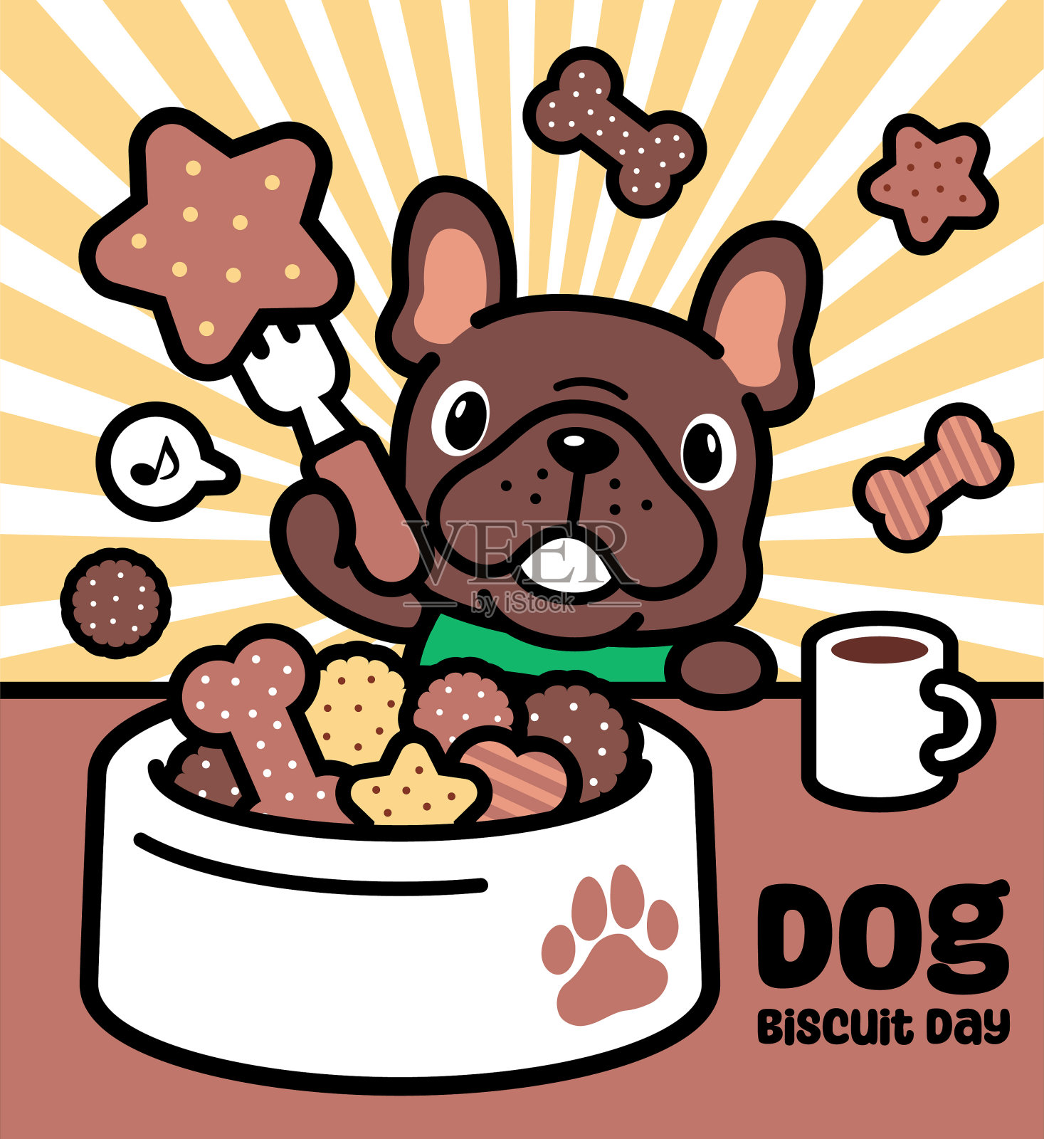 全国狗狗饼干日：可爱的法国斗牛犬幼犬正在吃一碗干饼干插画图片素材