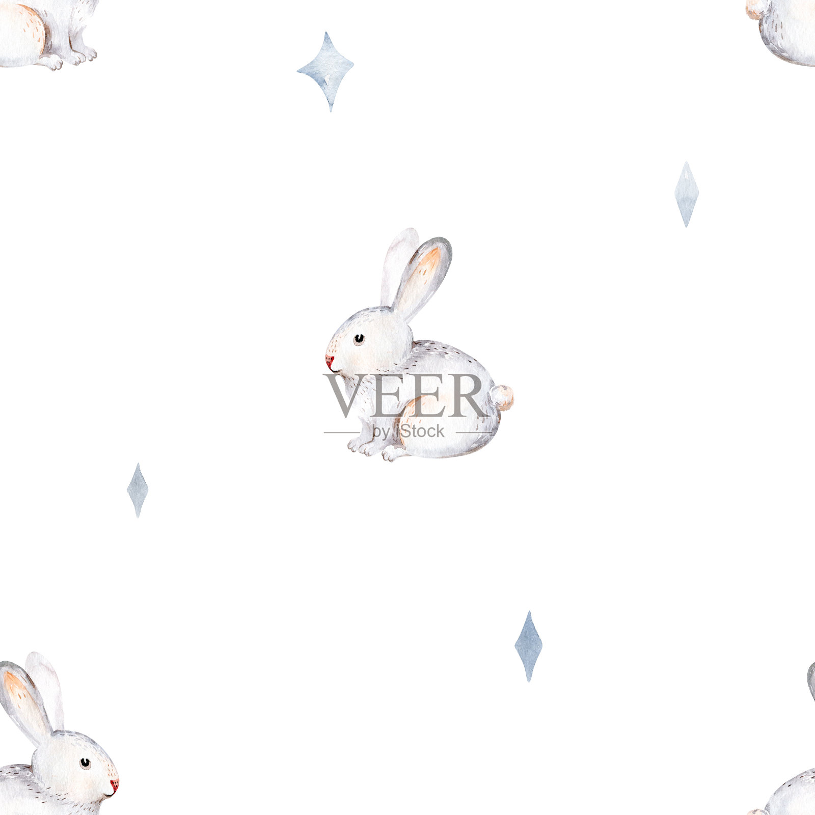 可爱的兔宝宝动物无缝图案，森林插图为儿童服装。森林水彩手绘波西米亚形象案例设计，苗圃海报设计元素图片