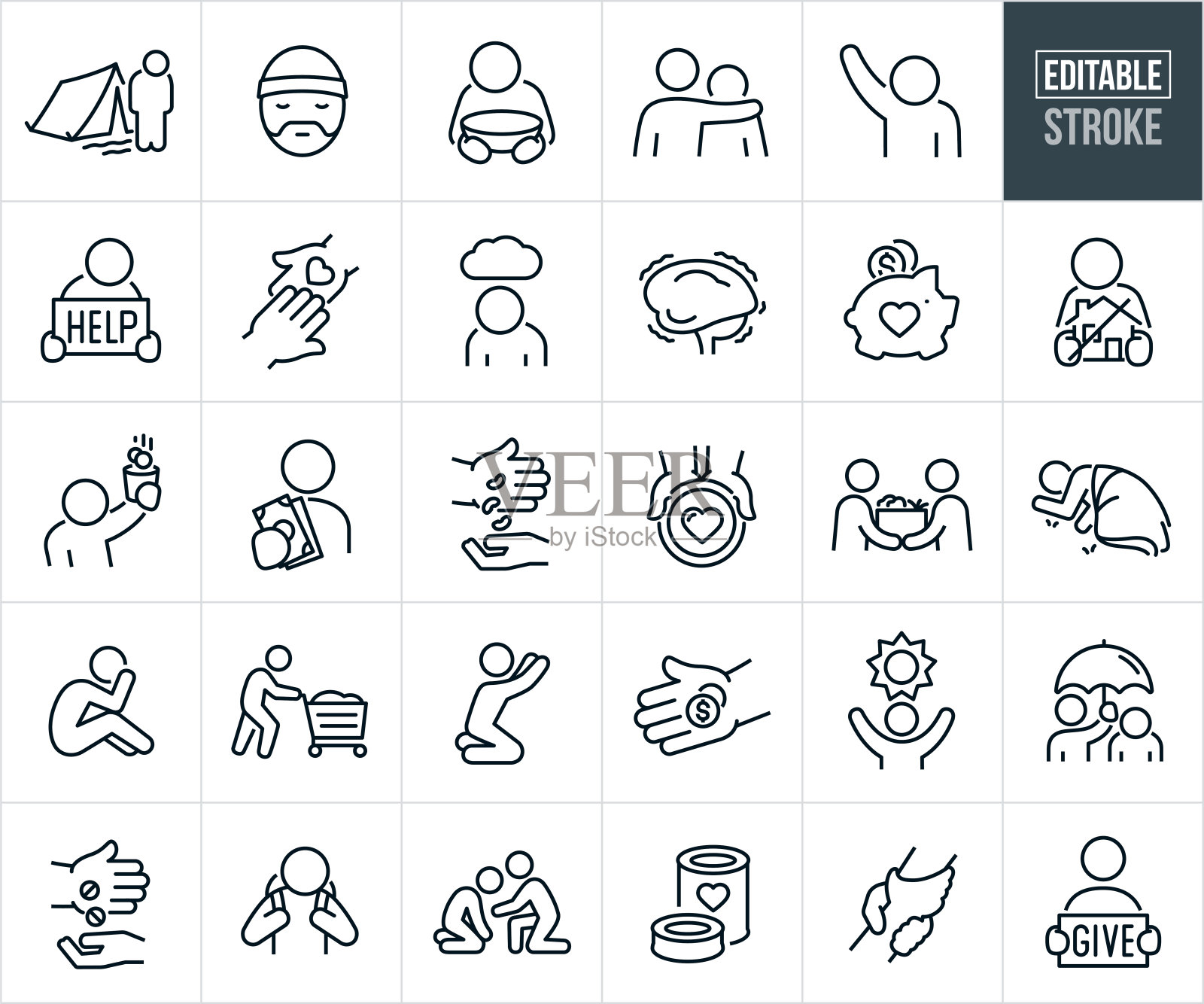 无家可归和贫穷细线图标-可编辑的笔画插画图片素材