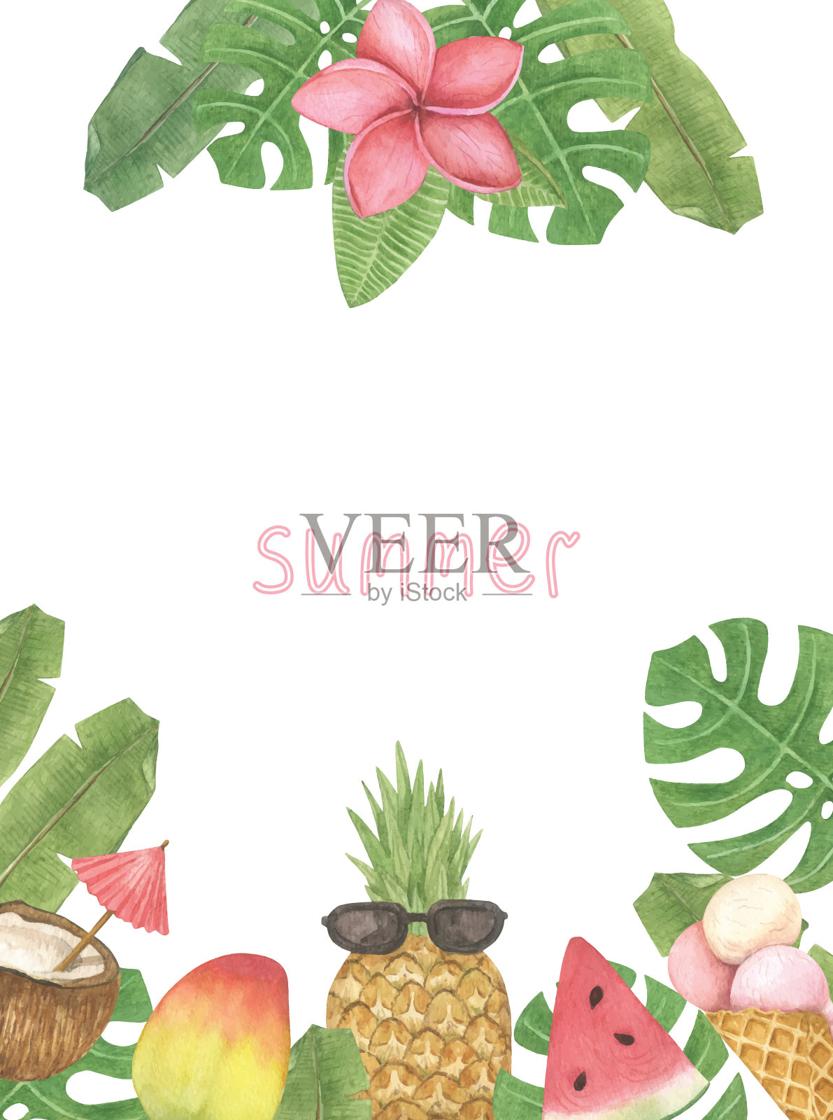 夏季水彩框架与食物和热带树叶。模板与水果和甜点与复制空间。插画图片素材