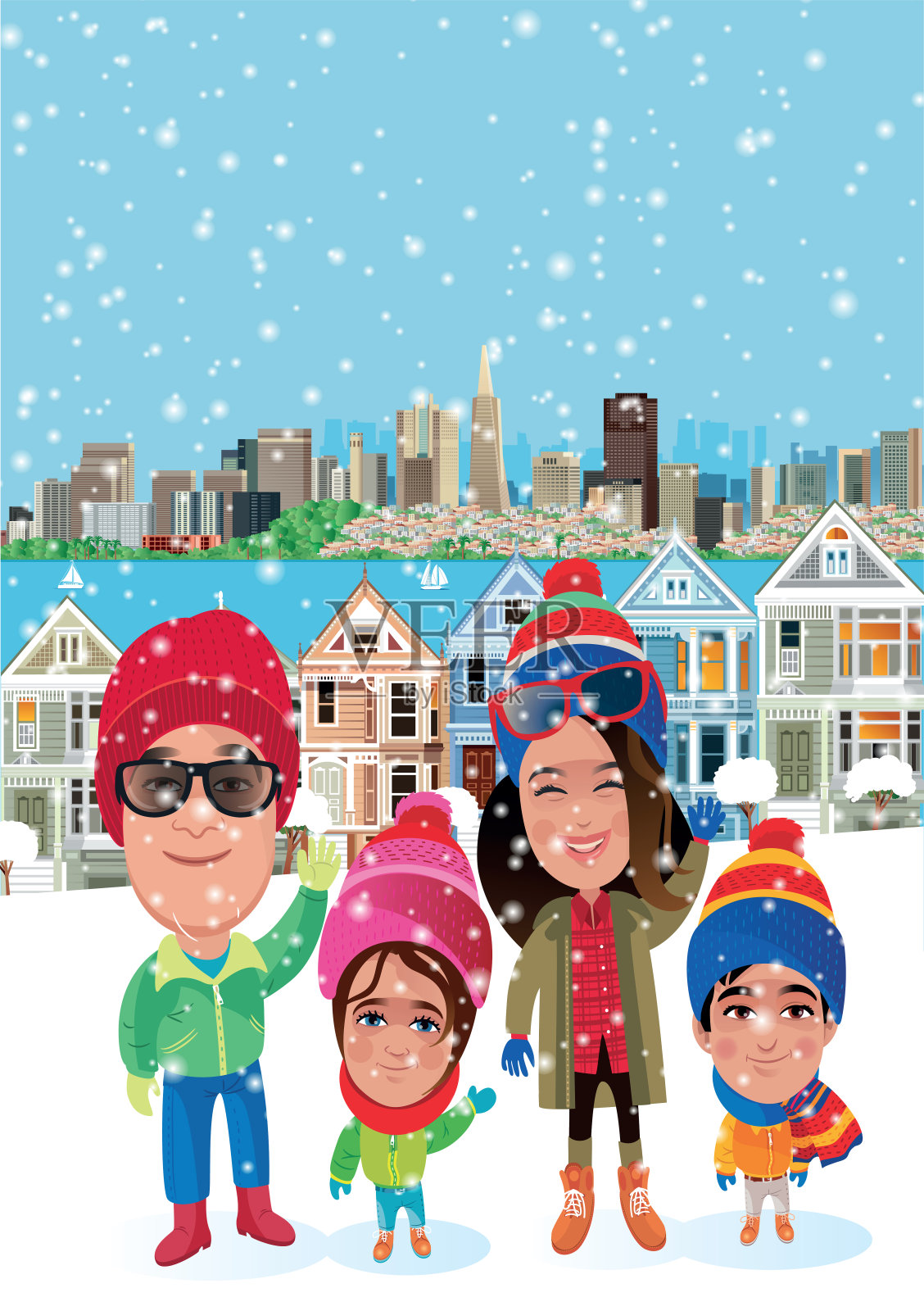 可爱的一家人在旧金山下雪的时候玩得很开心插画图片素材
