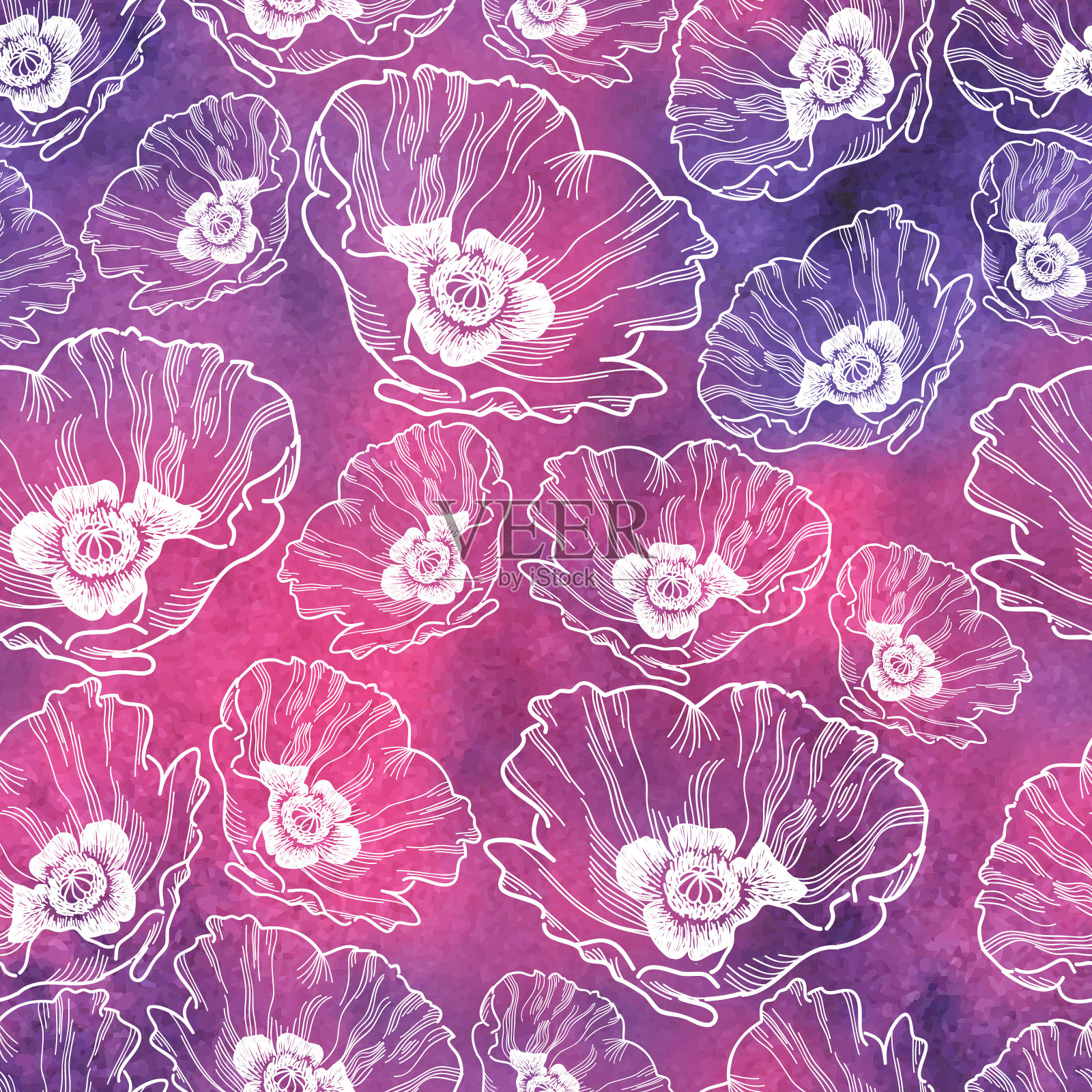罂粟无缝矢量模式-墨水绘制与水彩纹理插画图片素材