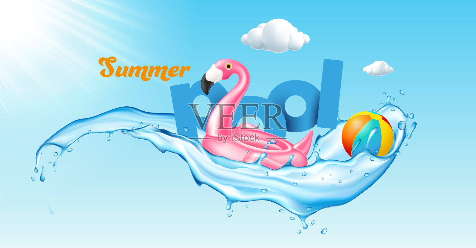 矢量现实3d粉红色火烈鸟，游泳池，沙滩球，热带鸟形状充气暑假，旅游，海滩海插图插画图片素材