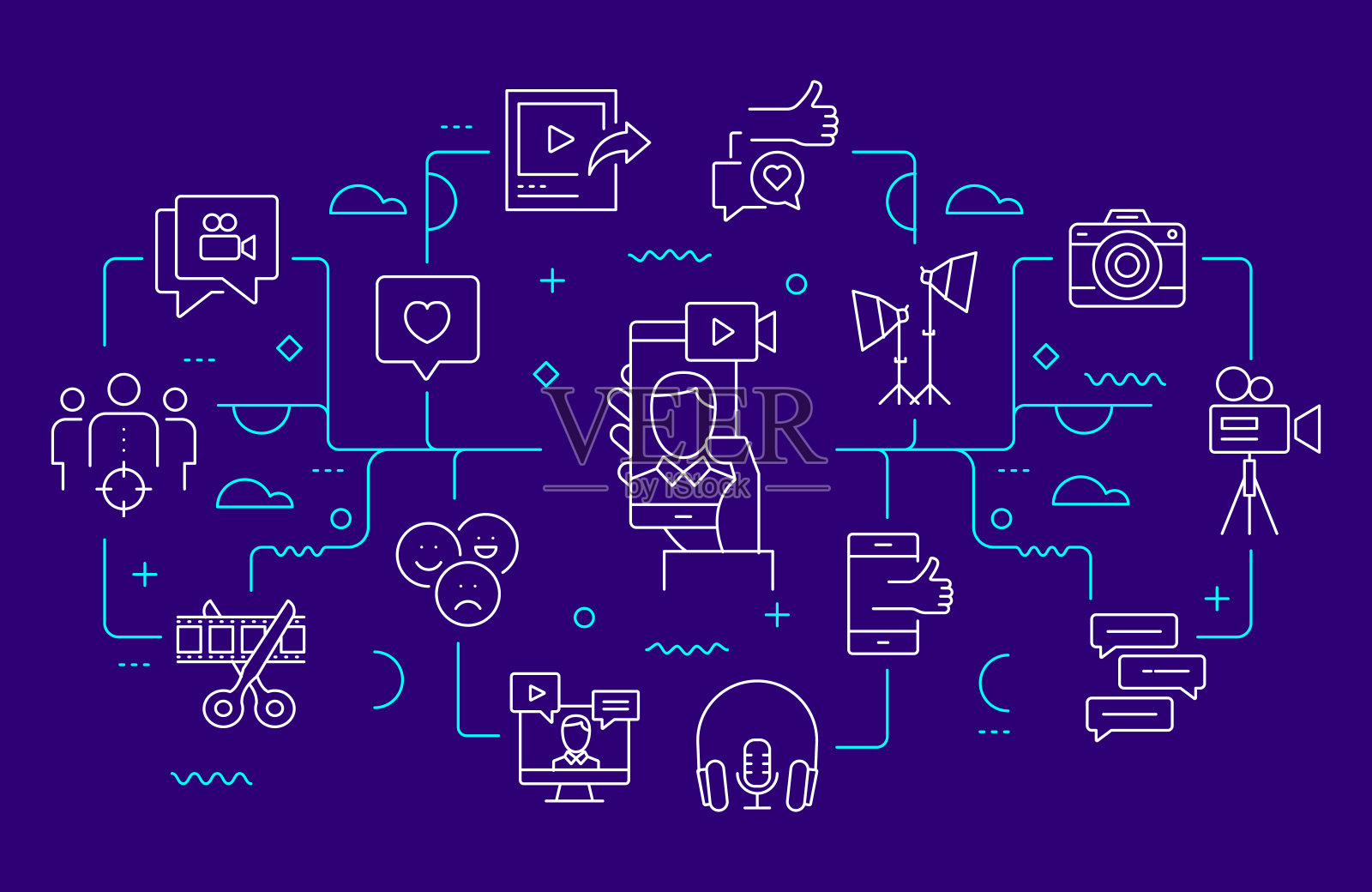 视频博主和youtube相关的网站横幅线条风格。现代线性设计矢量插图插画图片素材