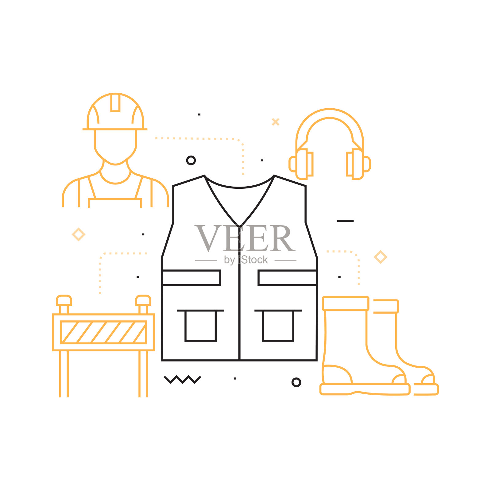 与工作安全相关的线路图标。向量符号说明。插画图片素材