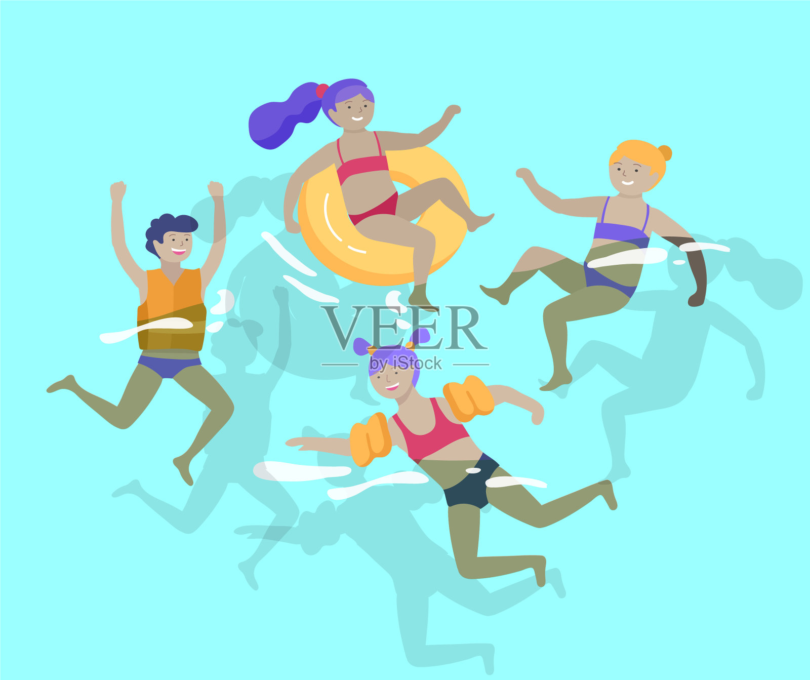 人们的家人和孩子在海池或海洋插画图片素材