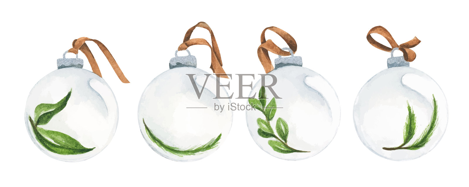 一套玻璃圣诞球水彩插画图片素材