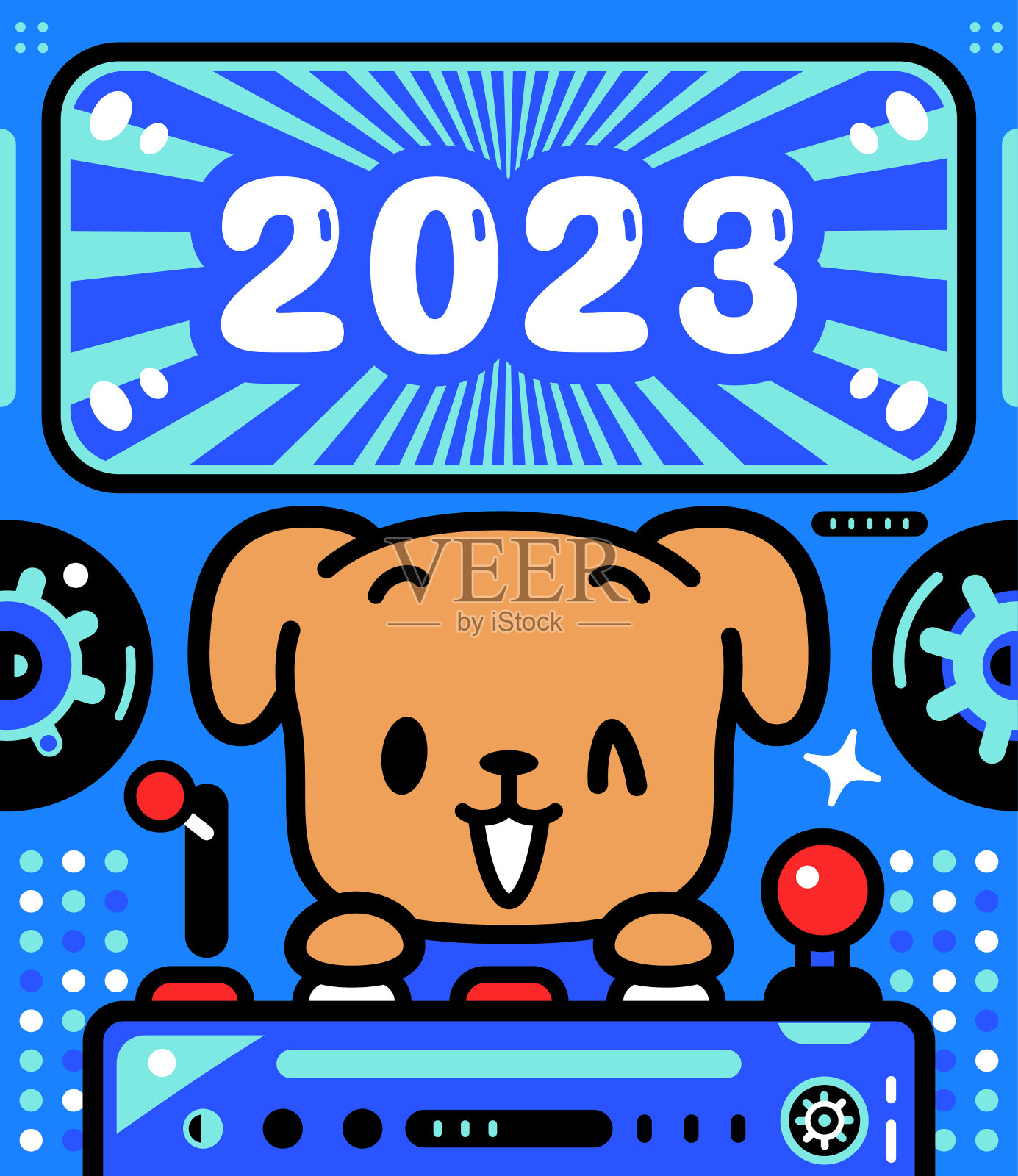 可爱的狗狗驾驶着无限动力宇宙飞船庆祝2023年的到来插画图片素材