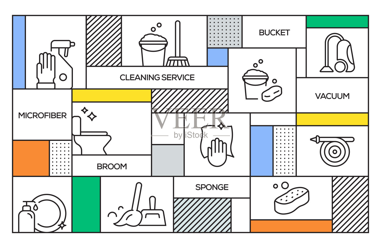 清洁服务理念。几何复古风格的旗帜和海报概念与清洁服务线图标插画图片素材