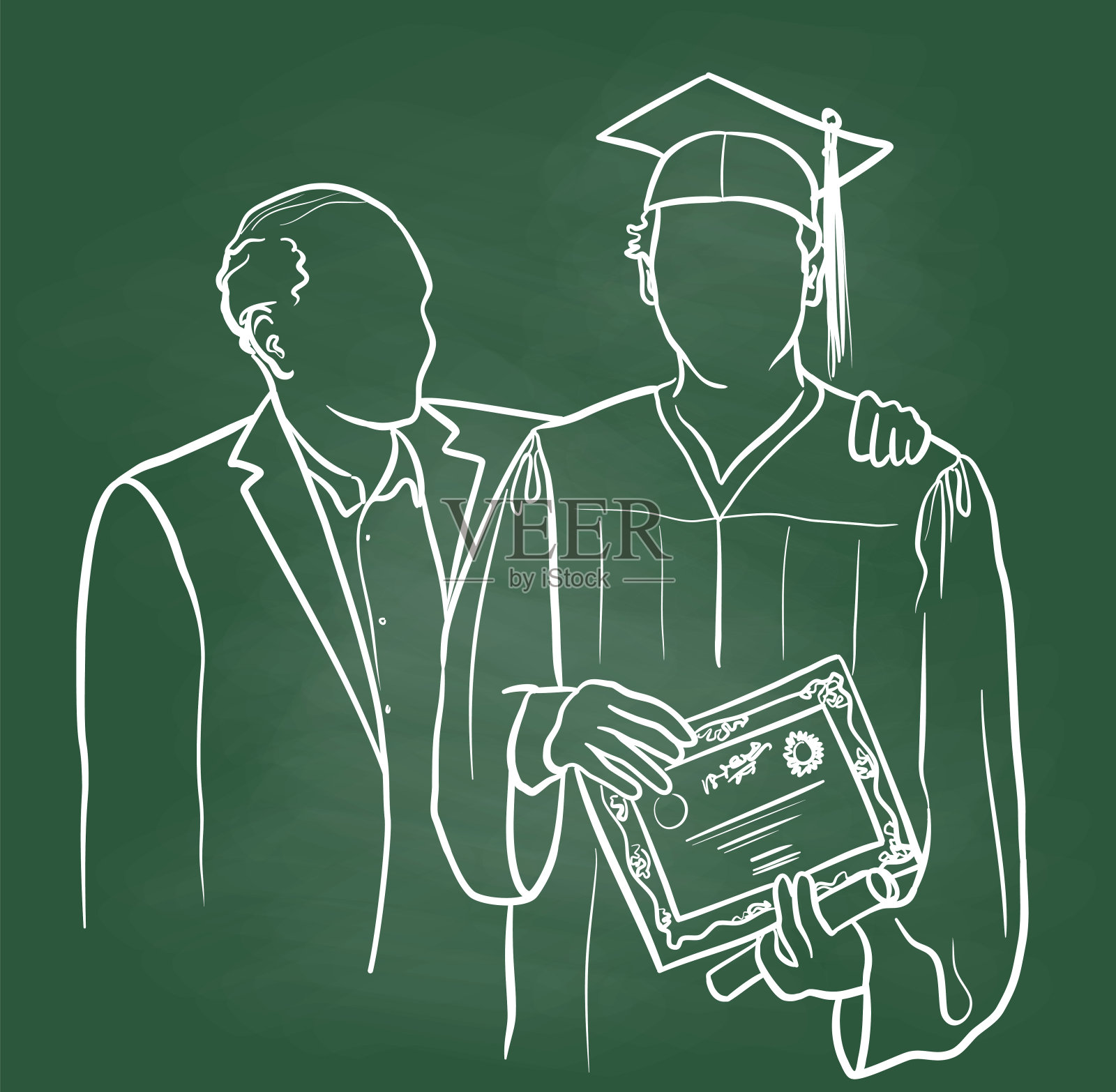 带着爸爸自豪的黑板参加毕业典礼插画图片素材