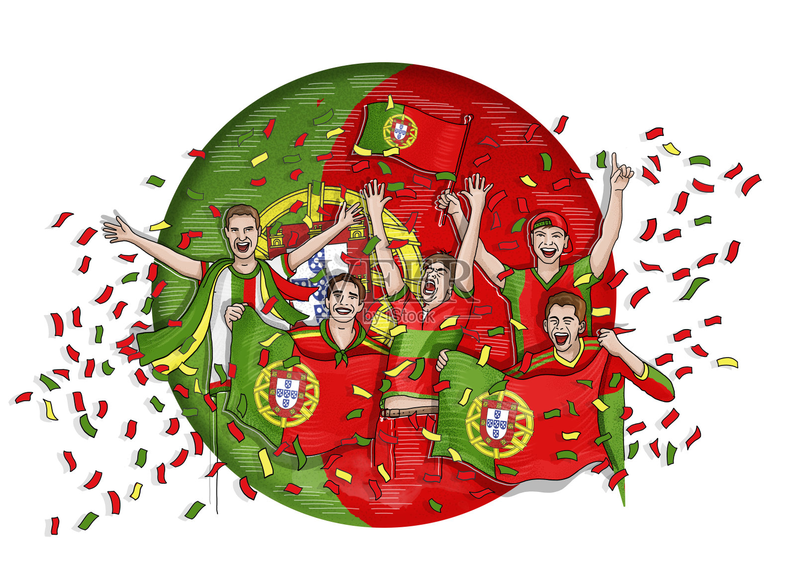五名葡萄牙球迷在葡萄牙国旗下庆祝插画图片素材