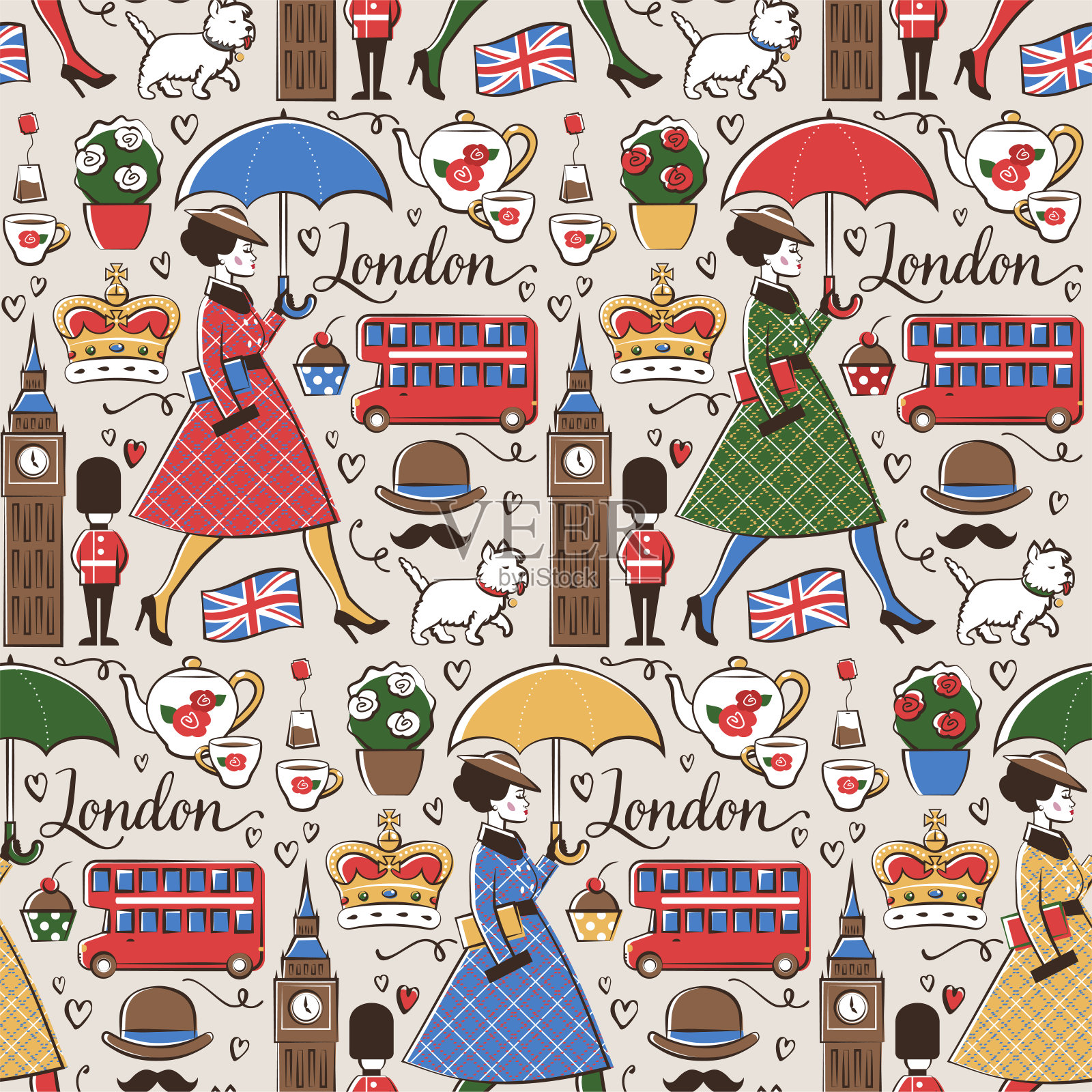 雨中的伦敦无缝模式插画图片素材