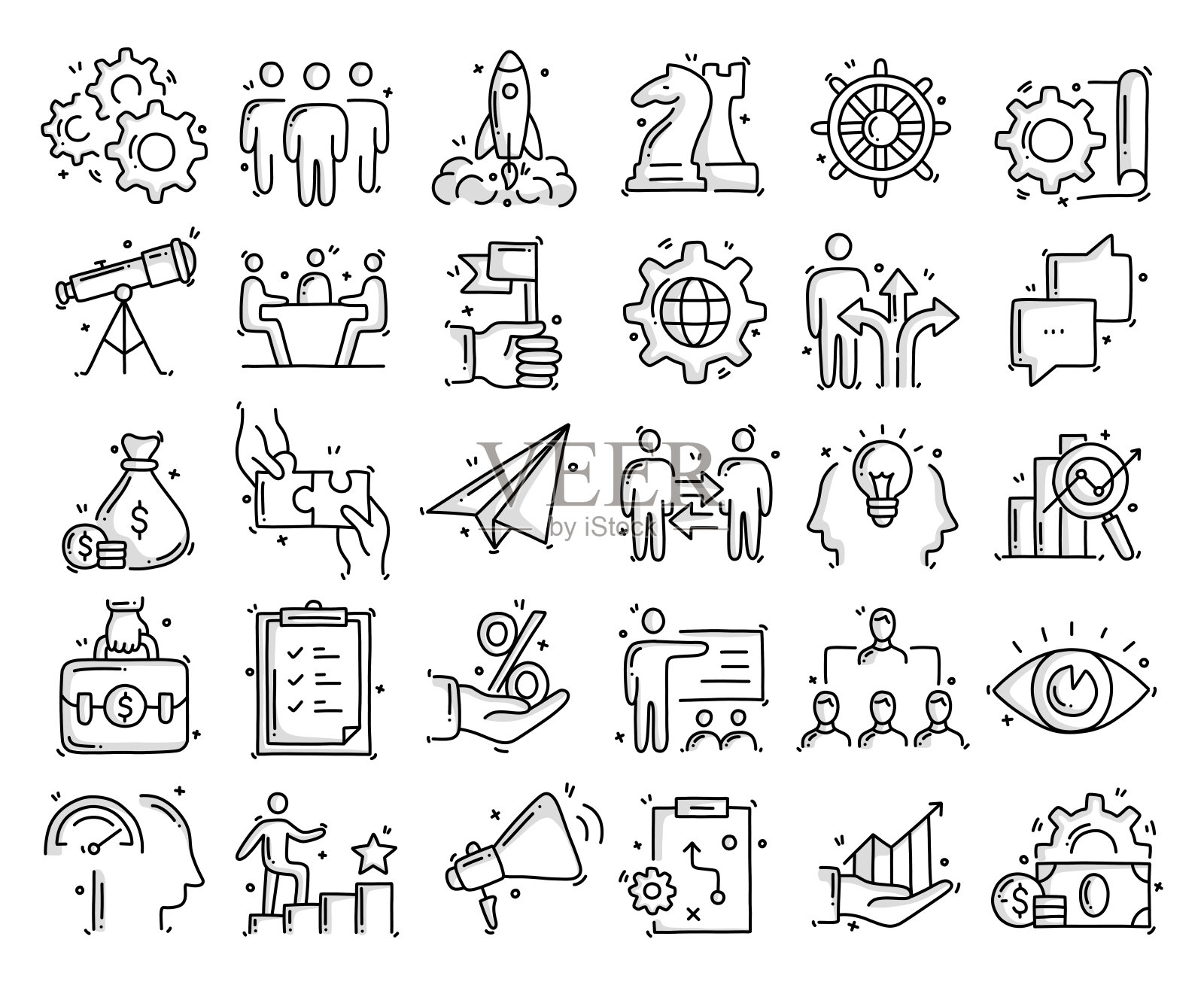 业务开发相关的对象和元素。手绘矢量涂鸦插图集。手绘图标集。插画图片素材